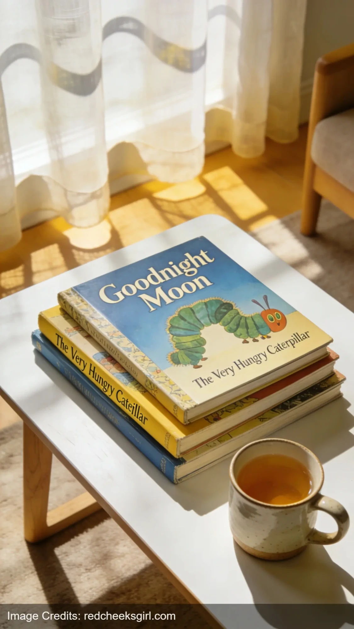 vintage children's books stacked on coffee table for baby announcement idea
