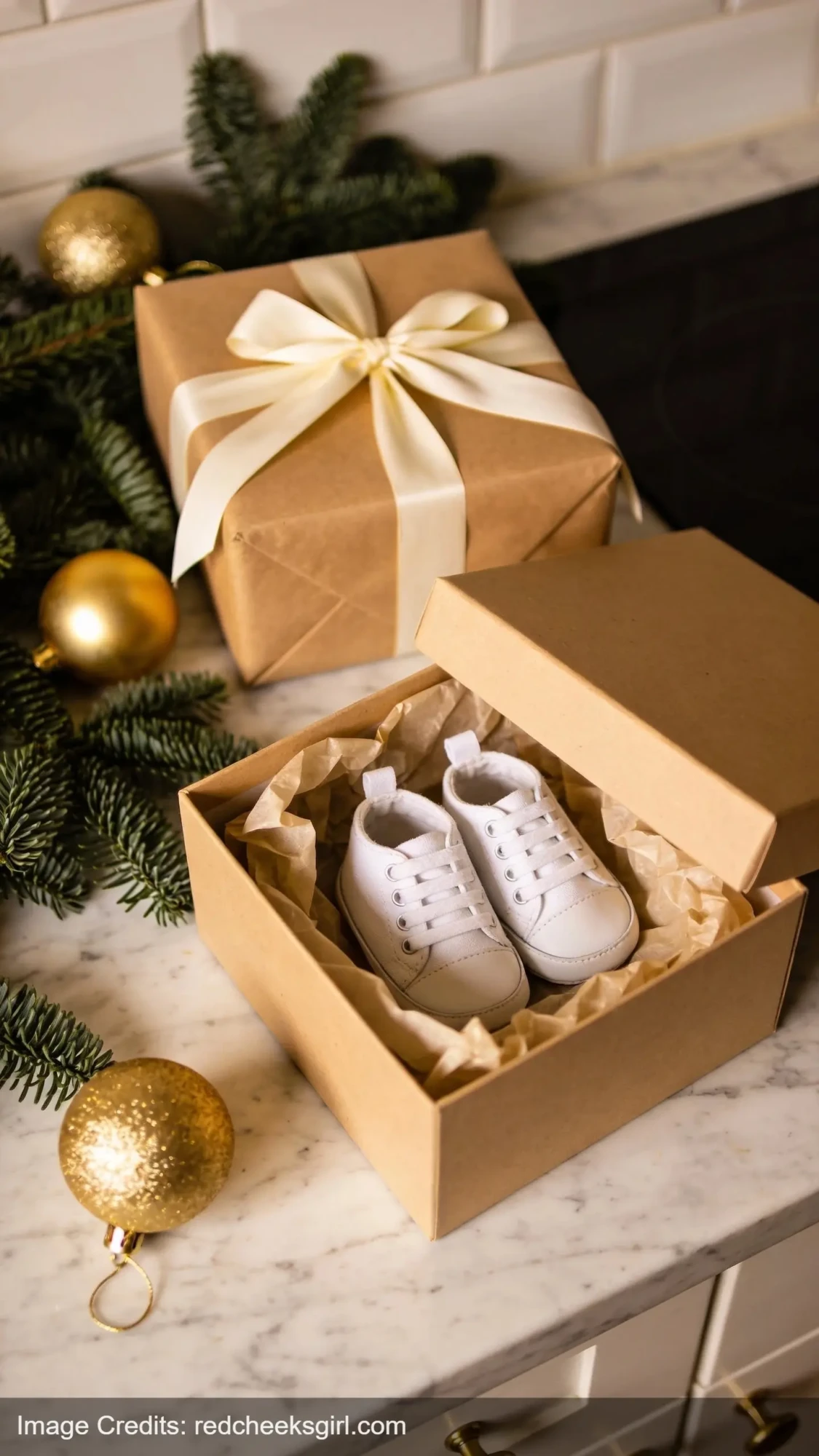 tiny baby shoes in Christmas gift box for holiday pregnancy announcement