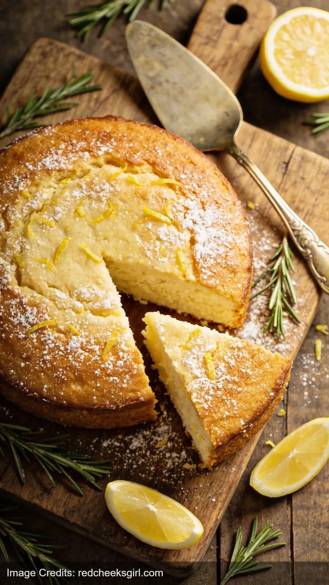 lemon ricotta cake with powdered sugar on wooden board with fresh lemon wedges