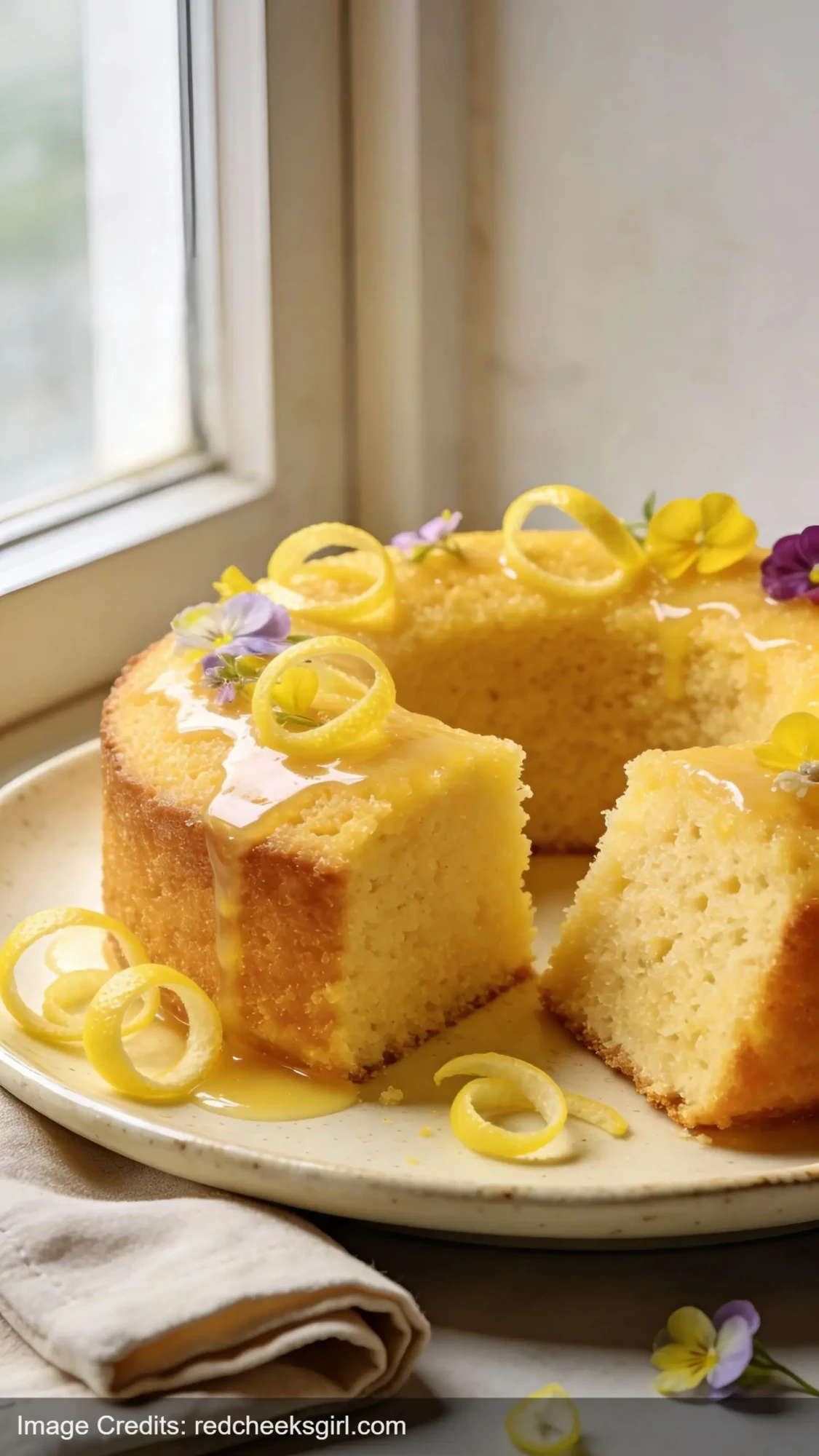 lemon polenta cake with syrup on ceramic plate garnished with lemon zest