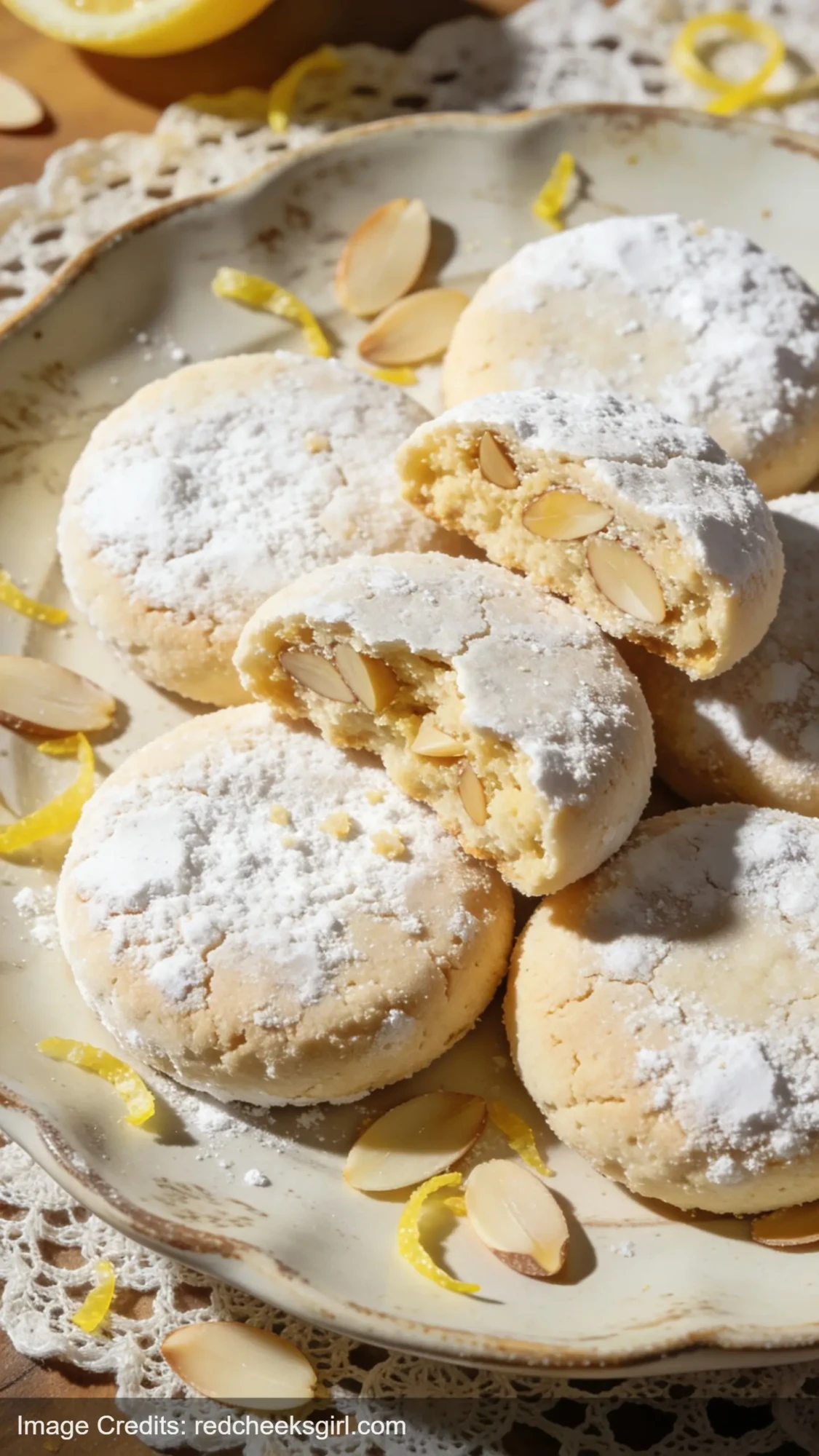 Spanish lemon almond polvorones cookies on vintage ceramic platter with almonds