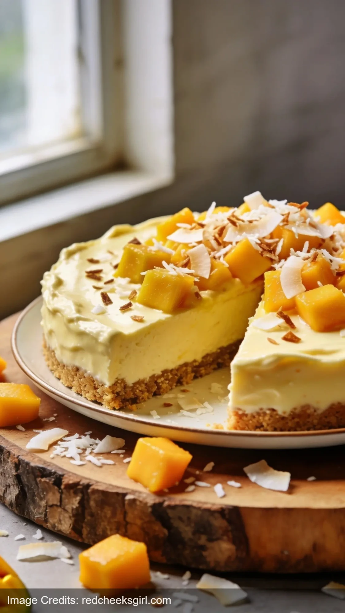 no-bake mango coconut cream pie slice with fresh mango topping