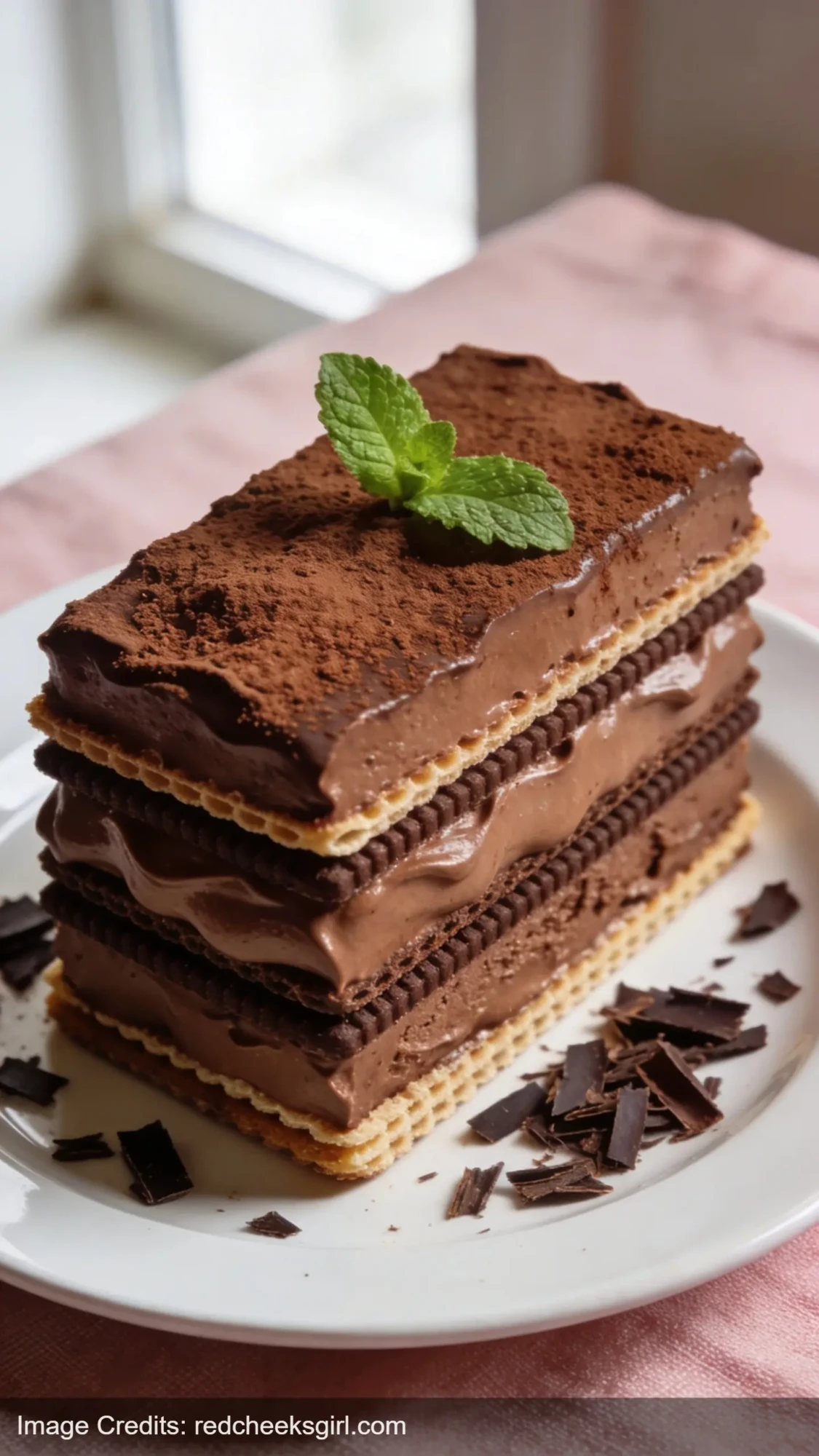 chocolate pudding icebox cake slice showing layers of wafers and chocolate cream