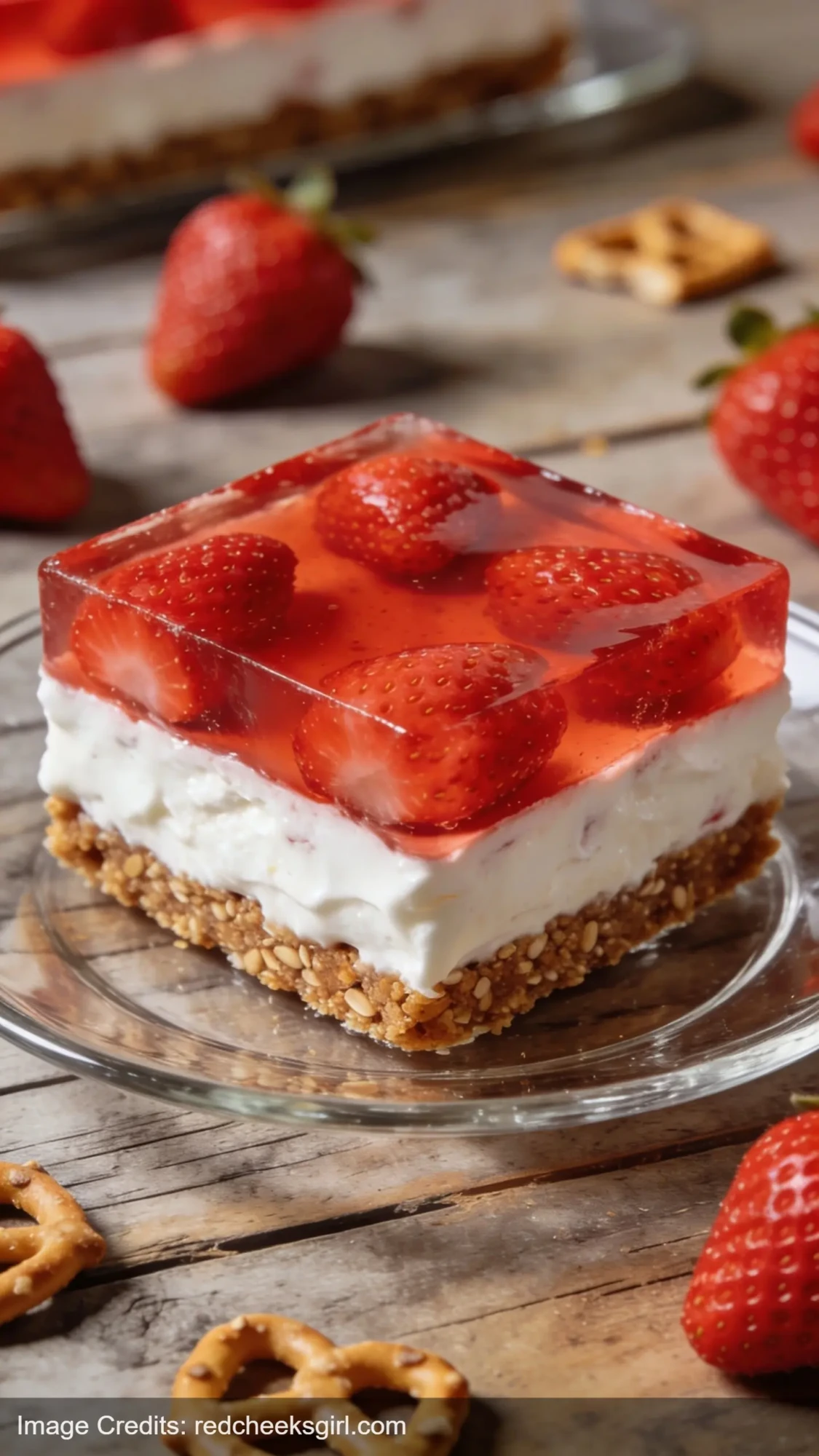 classic strawberry pretzel salad showing three colorful layers with strawberries on top