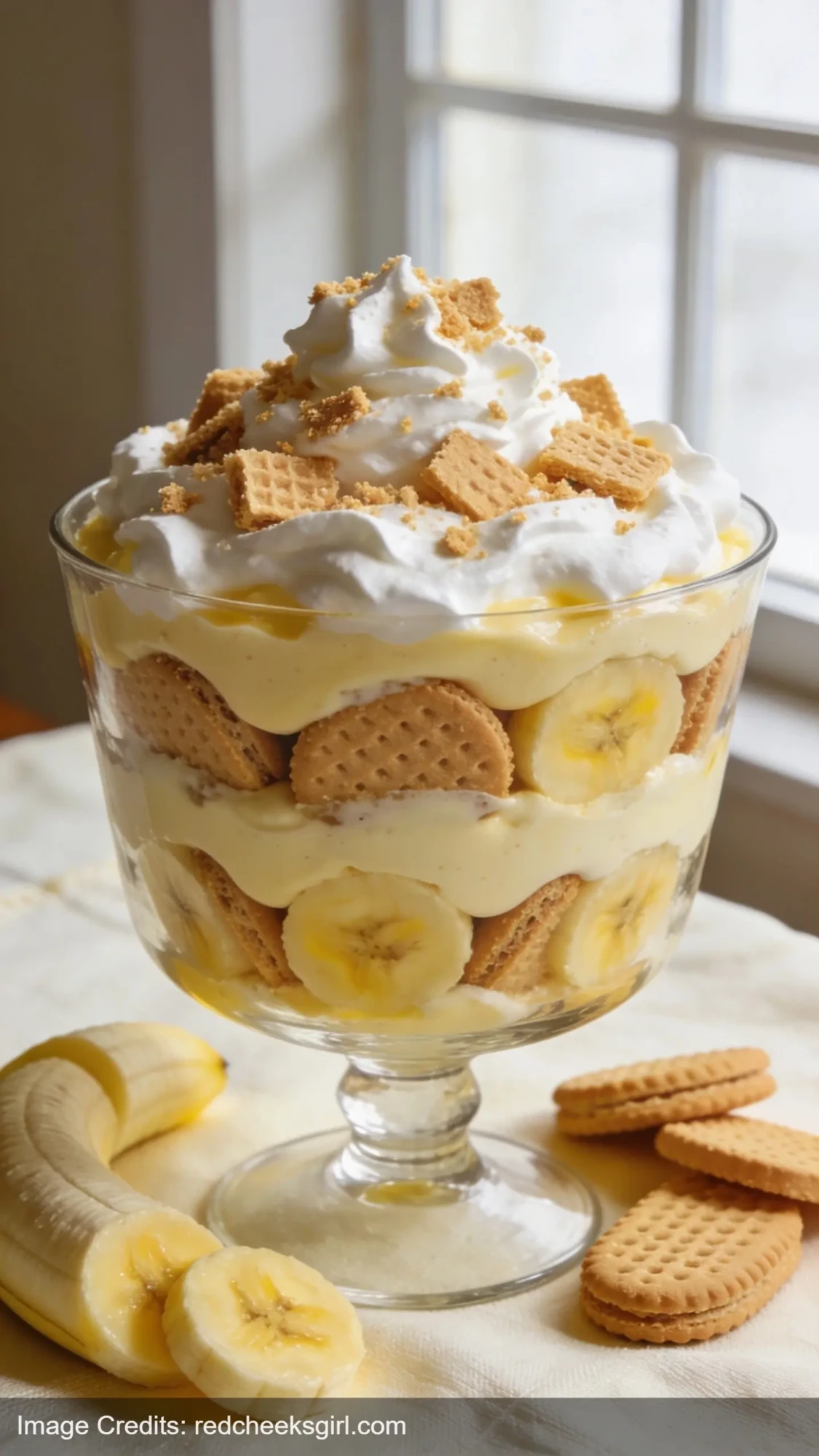 layered banana pudding in glass bowl showing vanilla wafers and banana layers