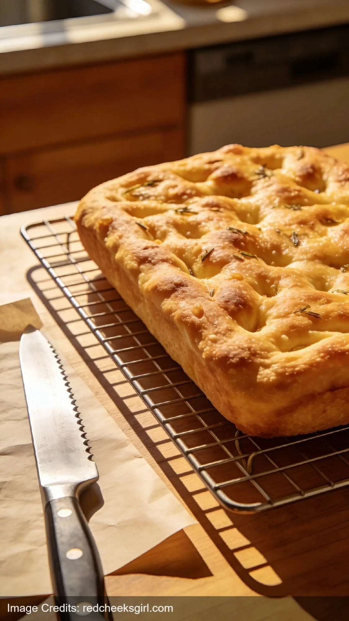 homemade focaccia bread cooling on wire rack ready for picnic