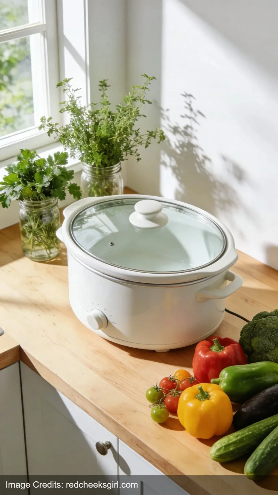 summer crockpot cooking setup with fresh herbs and vegetables