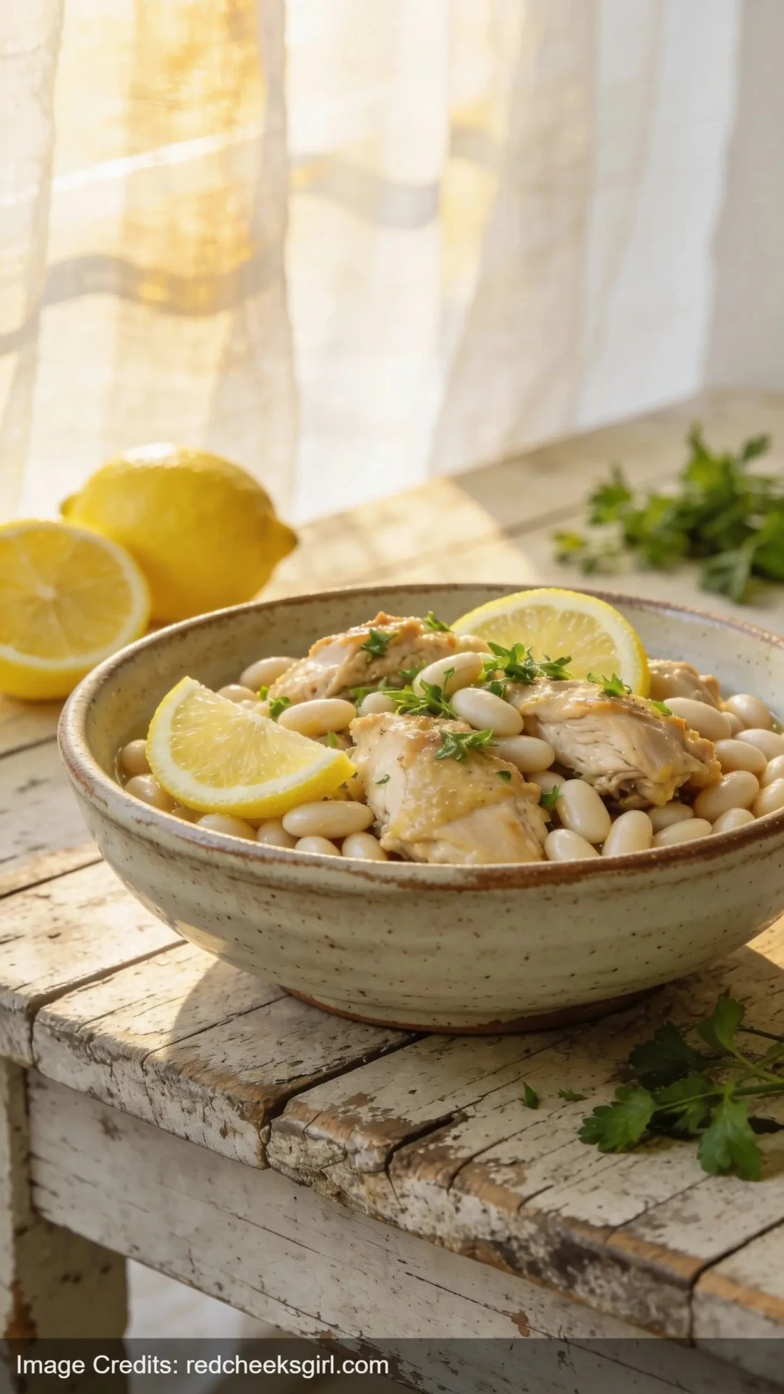 lemon herb chicken and white bean crockpot meal in ceramic bowl