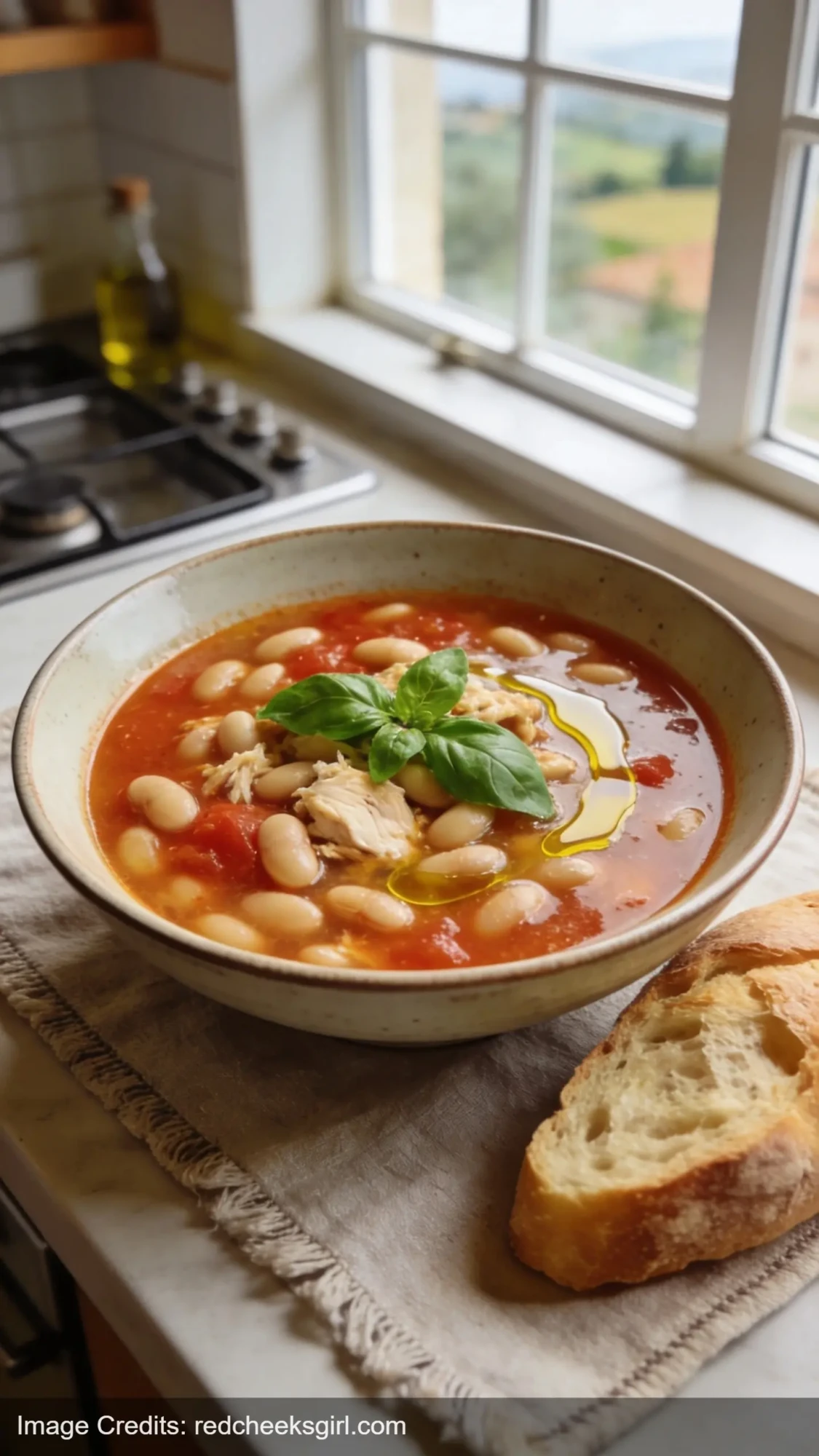 Tuscan white bean and chicken soup with fresh basil garnish