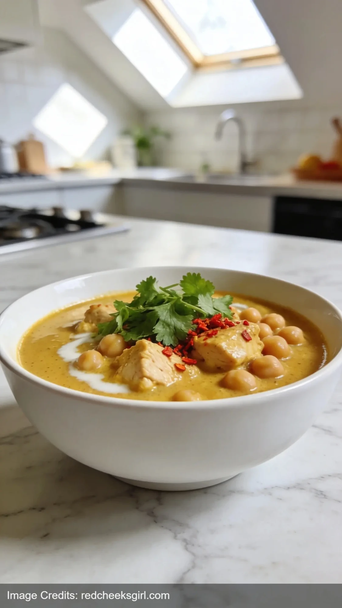 light coconut curry with chicken and chickpeas in white bowl