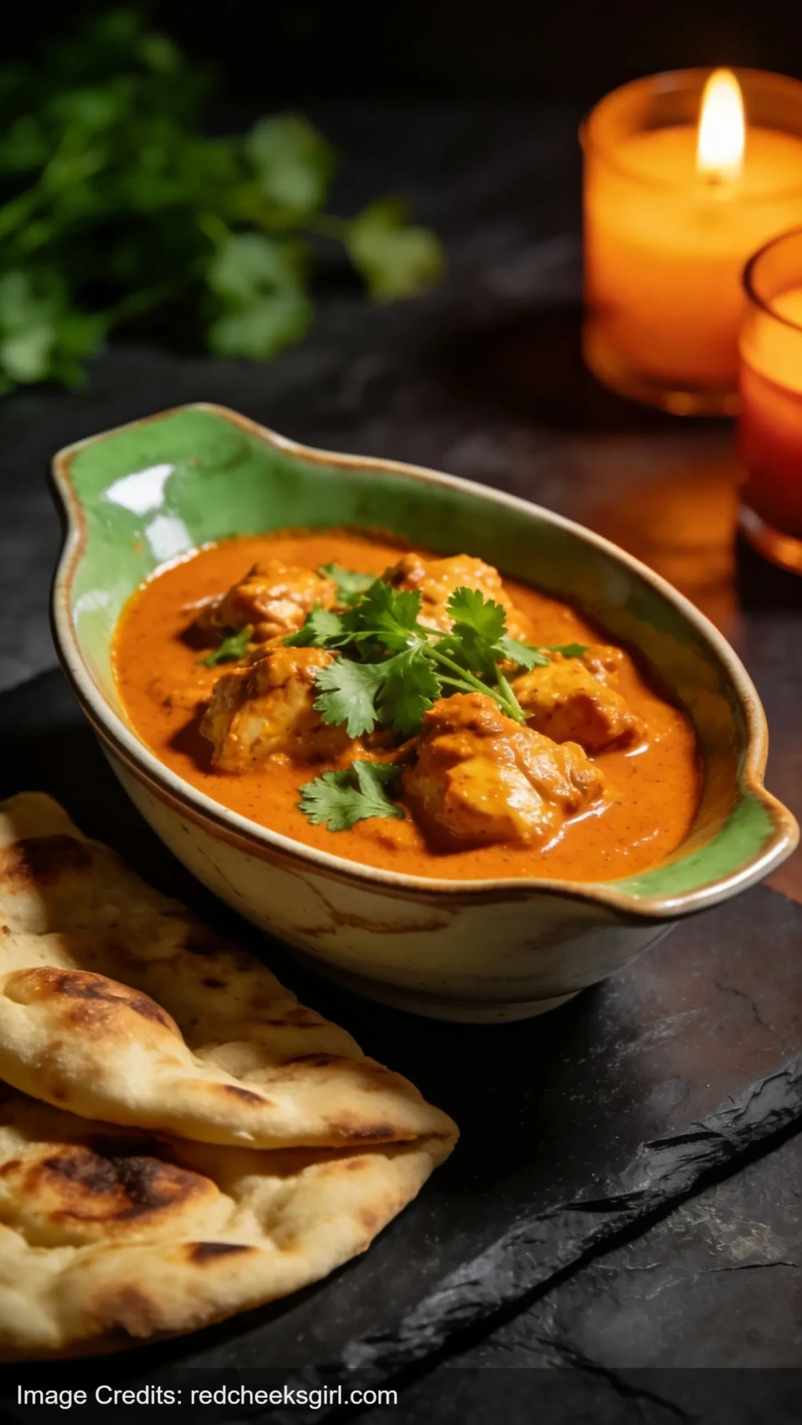 lightened chicken tikka masala with naan bread on slate board