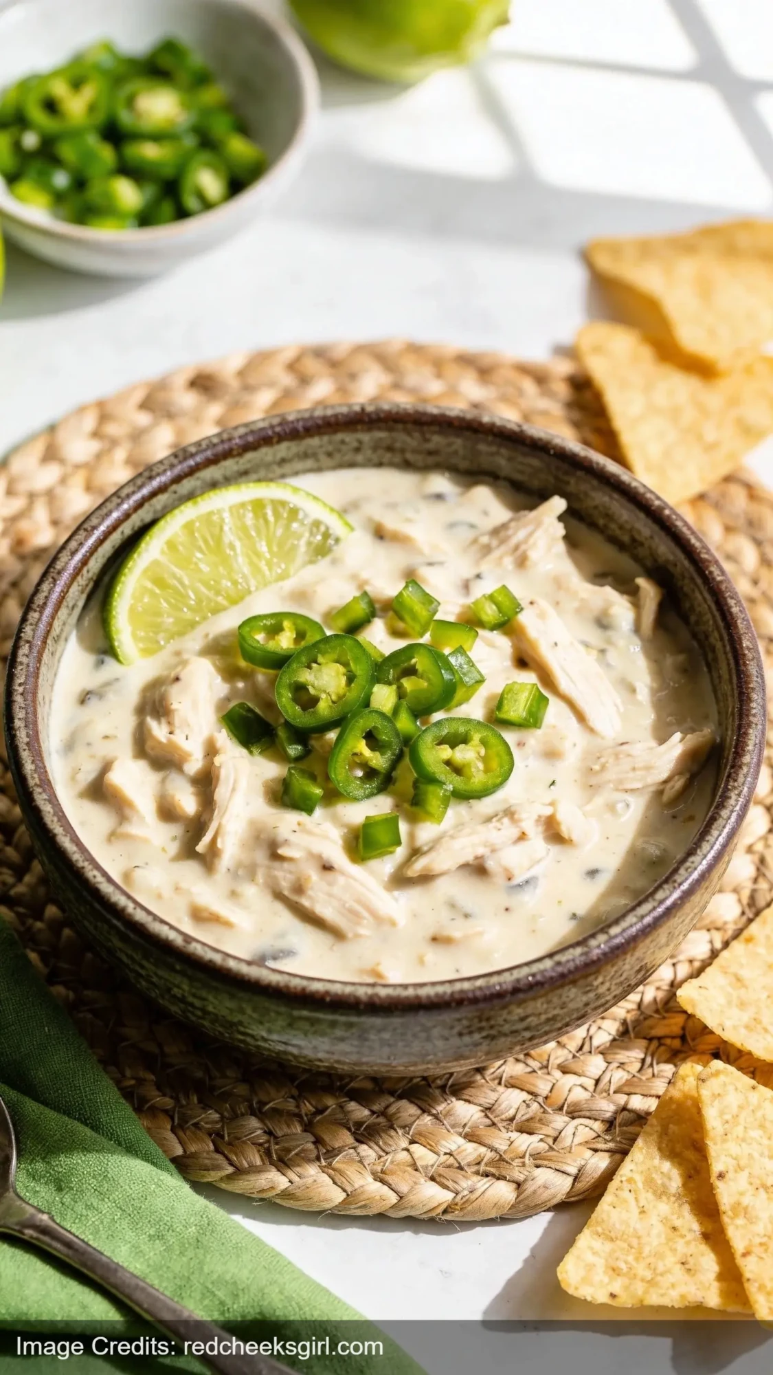 white chicken chili with lime and green chiles in ceramic bowl