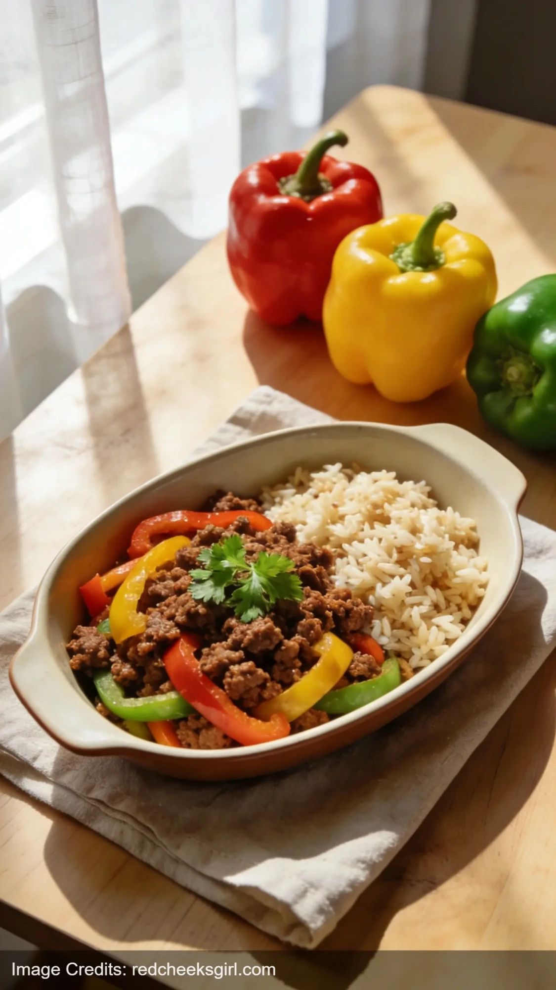 deconstructed stuffed pepper filling with beef and colorful peppers