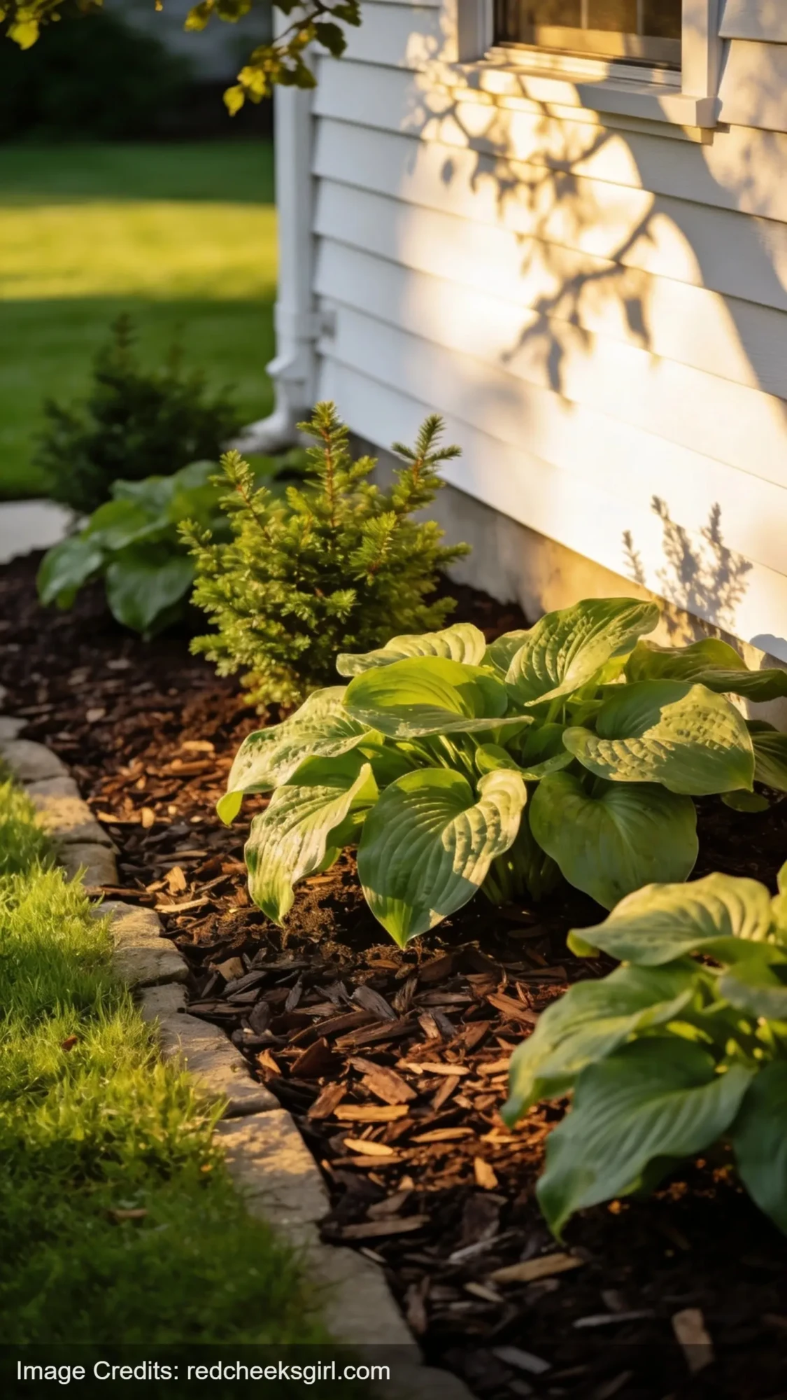 dark wood chip mulch bed around house foundation with green plants and clean edging