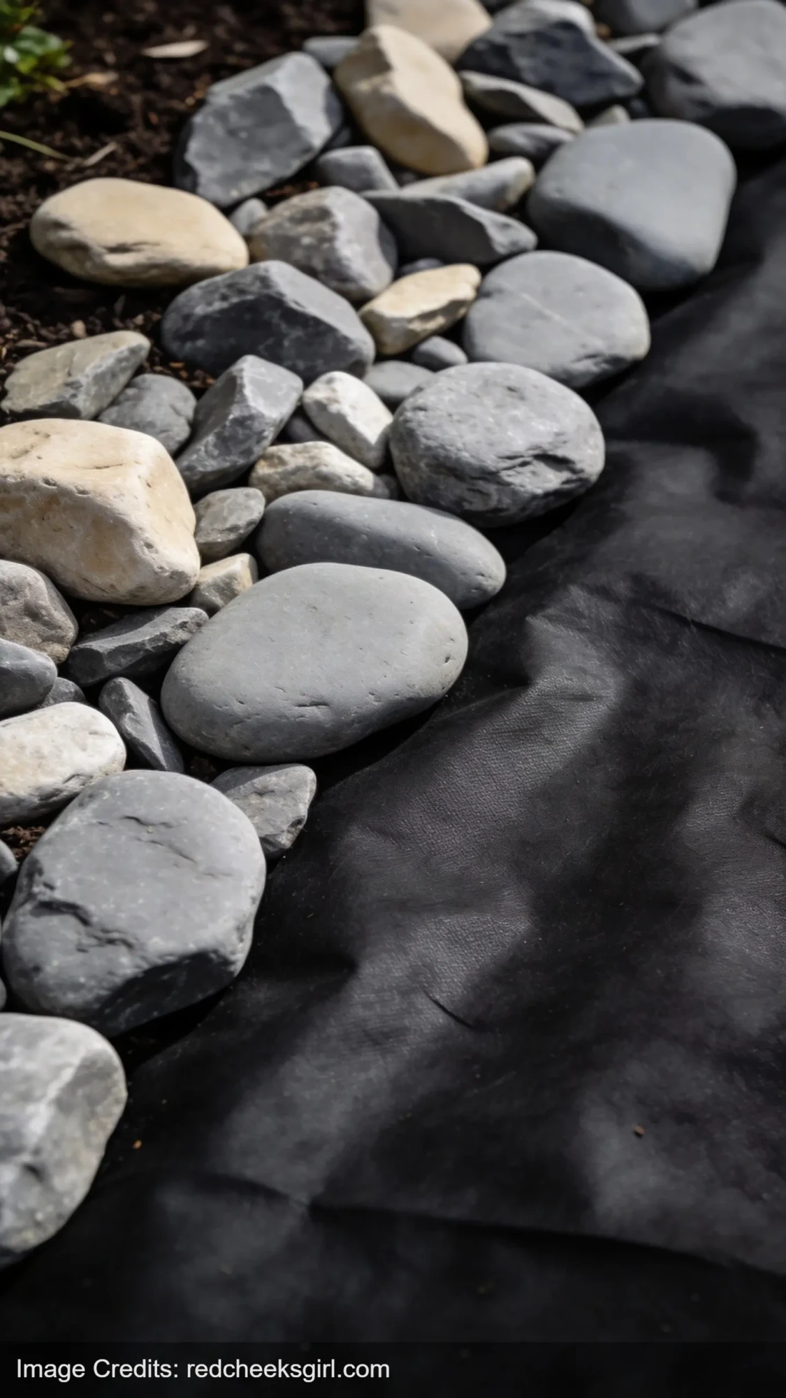 landscape weed barrier fabric under decorative river rocks in front yard landscaping