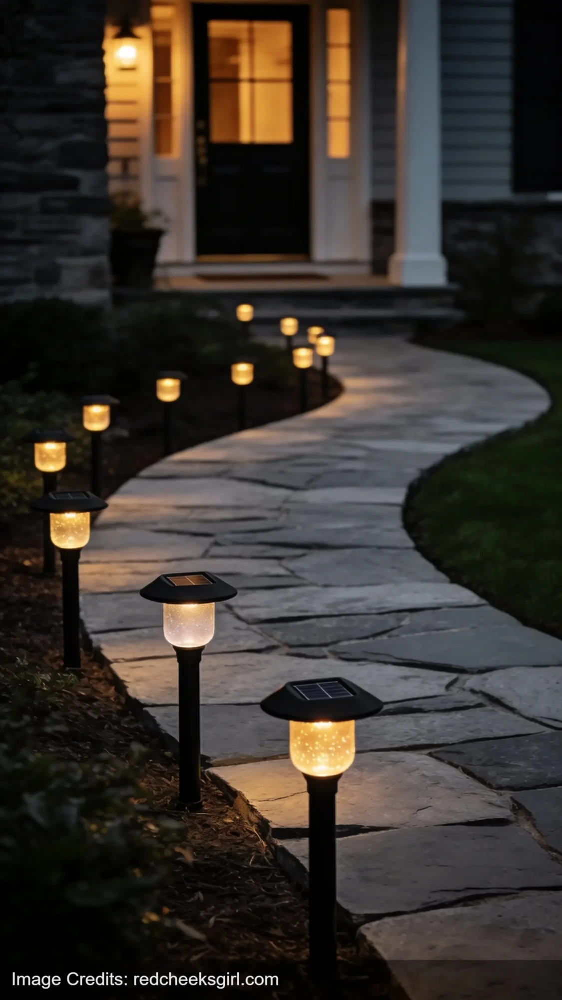 solar path lights illuminating flagstone walkway to front door at dusk