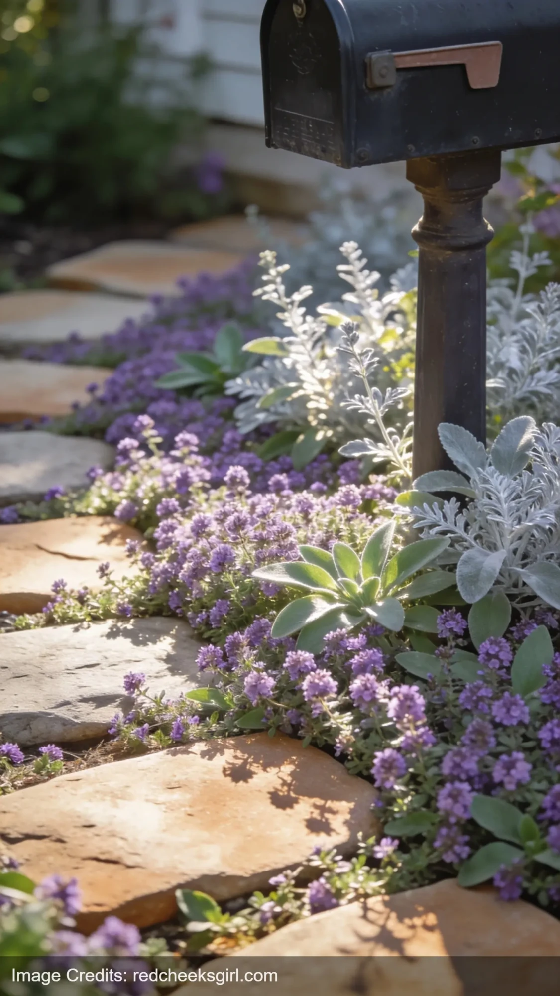 creeping thyme ground cover with purple flowers around mailbox and stepping stones
