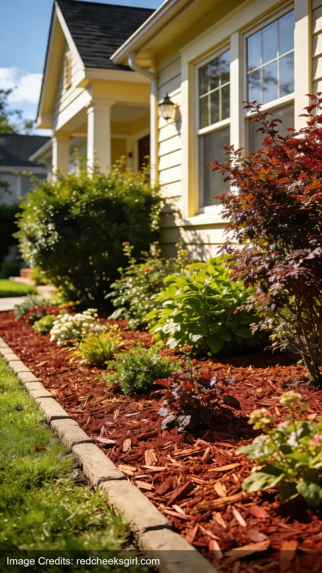 fresh reddish-brown bark mulch refreshing front yard landscaping around plants