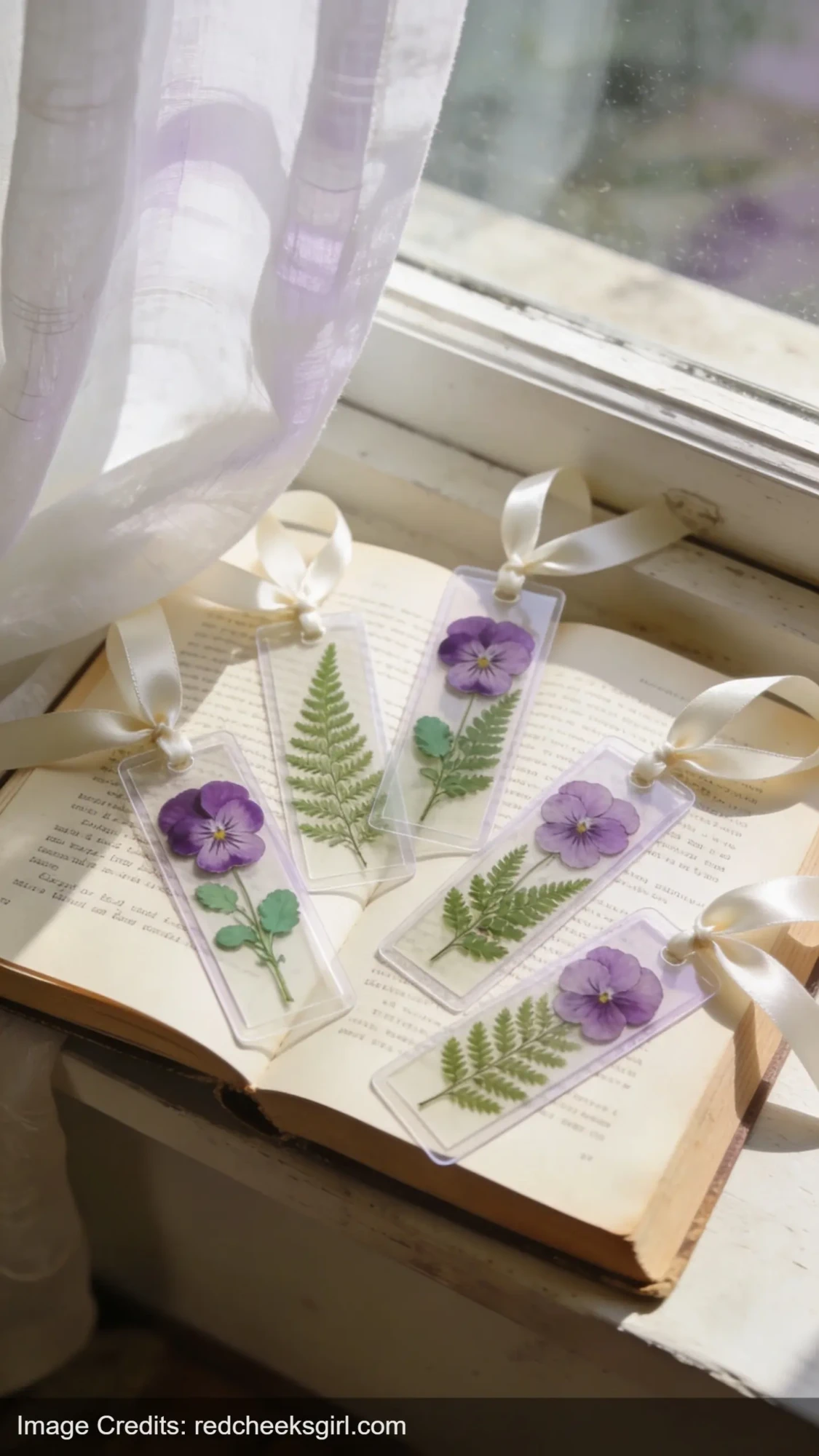 handmade pressed flower bookmarks with ribbons on vintage book by window