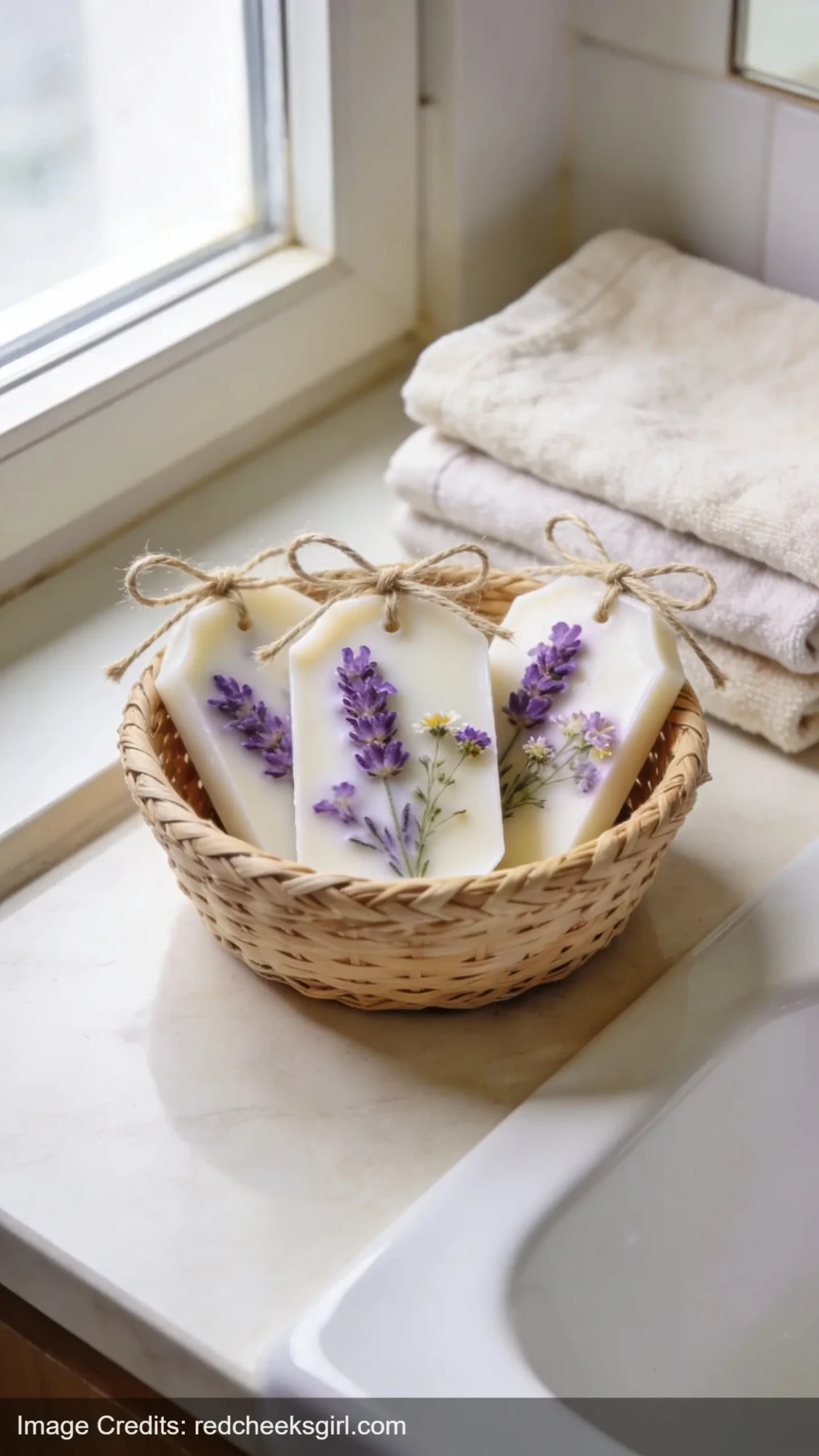 handmade pressed flower wax sachets in woven basket on bathroom vanity