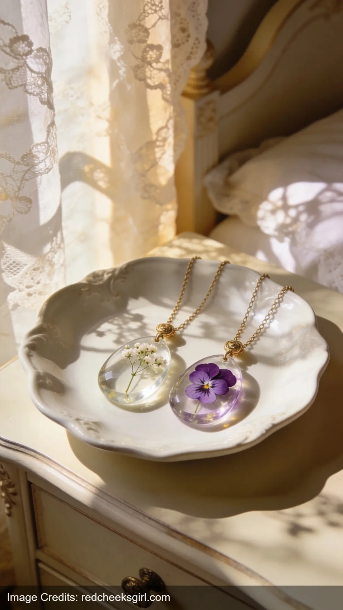 handmade pressed flower resin pendant necklaces on vintage jewelry dish