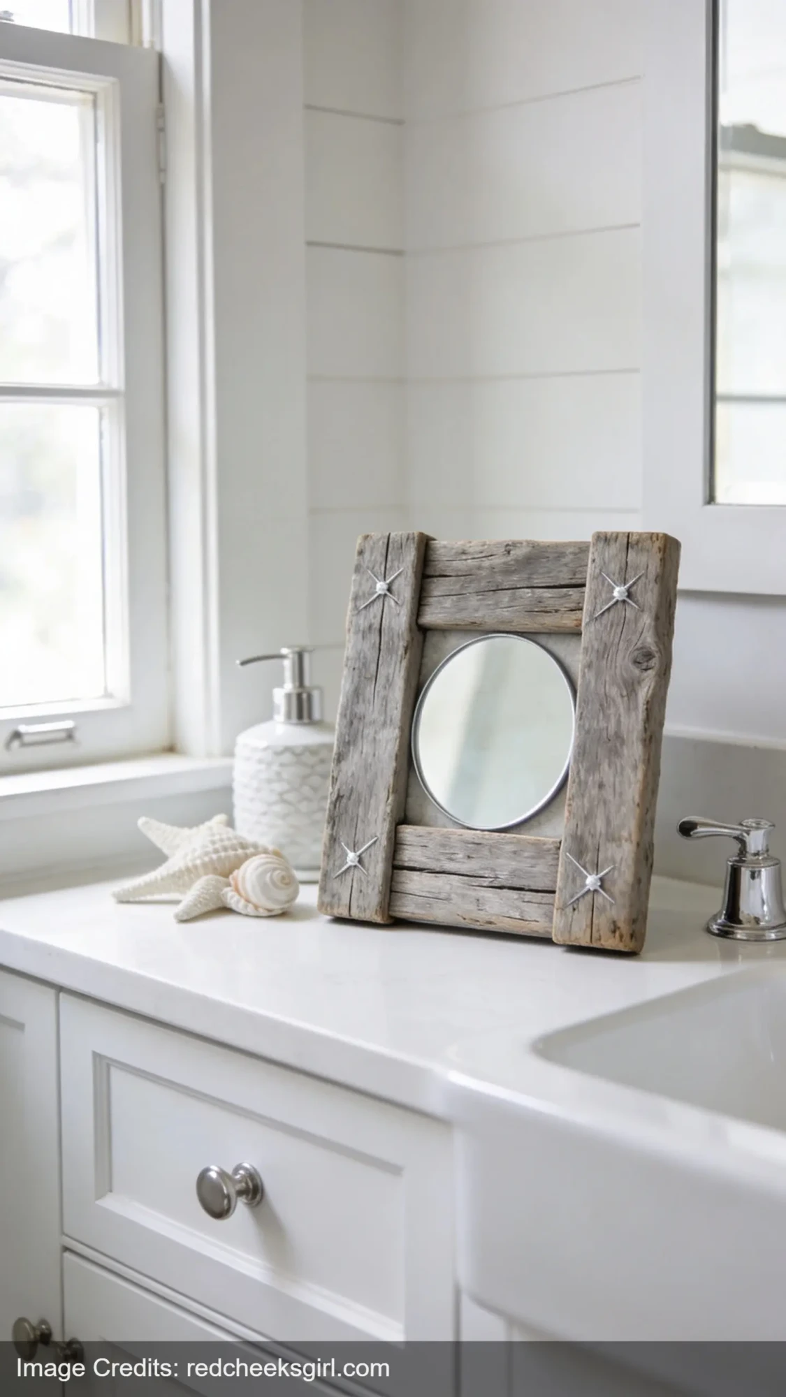 handmade driftwood frame with mirror tile on bathroom vanity