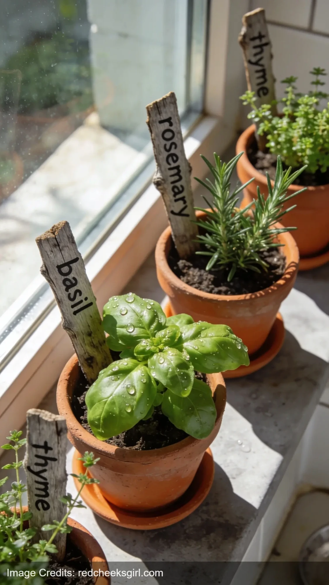 driftwood garden markers labeled with herbs in terracotta pots on windowsill