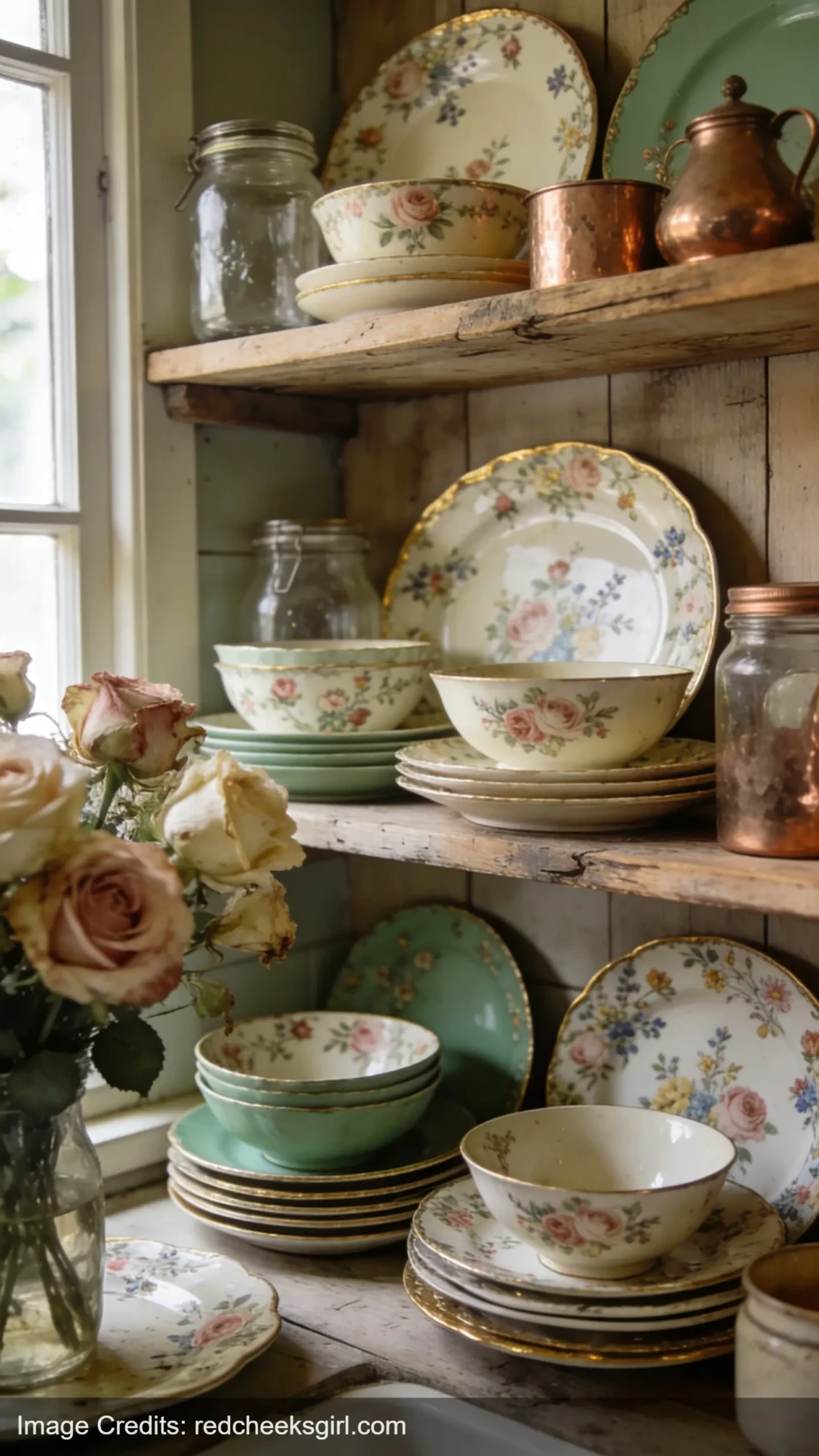 vintage floral ceramic dishes stacked on wooden kitchen shelves