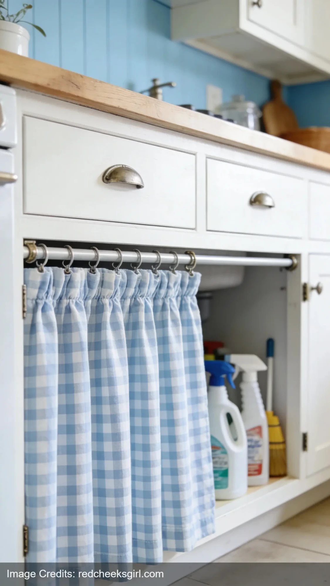 gingham fabric curtains replacing lower kitchen cabinet doors