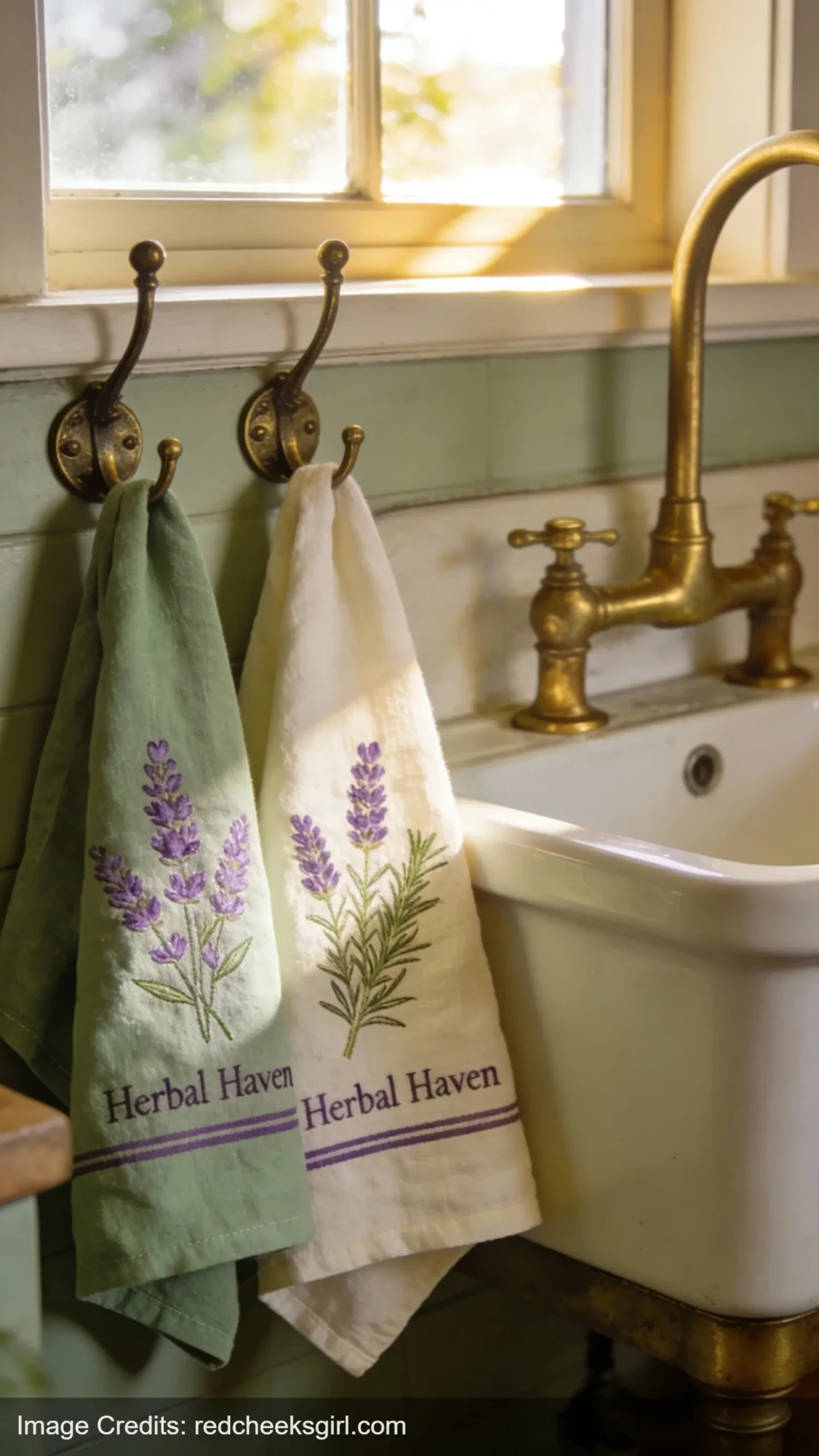 linen tea towels with botanical prints hanging in farmhouse kitchen