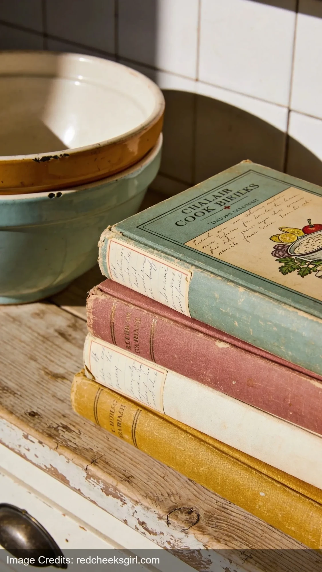 vintage cookbooks with illustrated covers stacked on kitchen counter