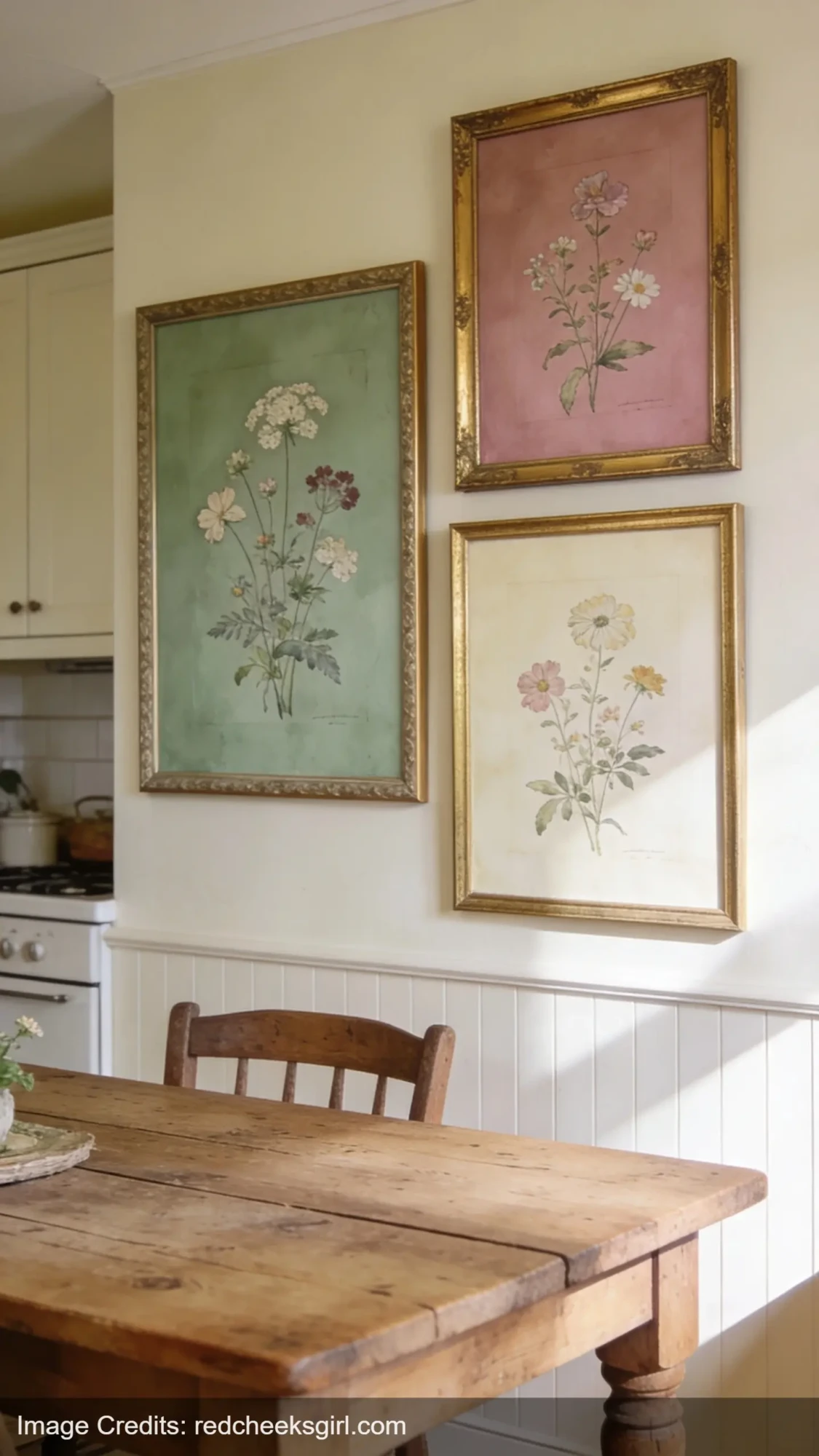 framed botanical wildflower prints clustered on kitchen wall