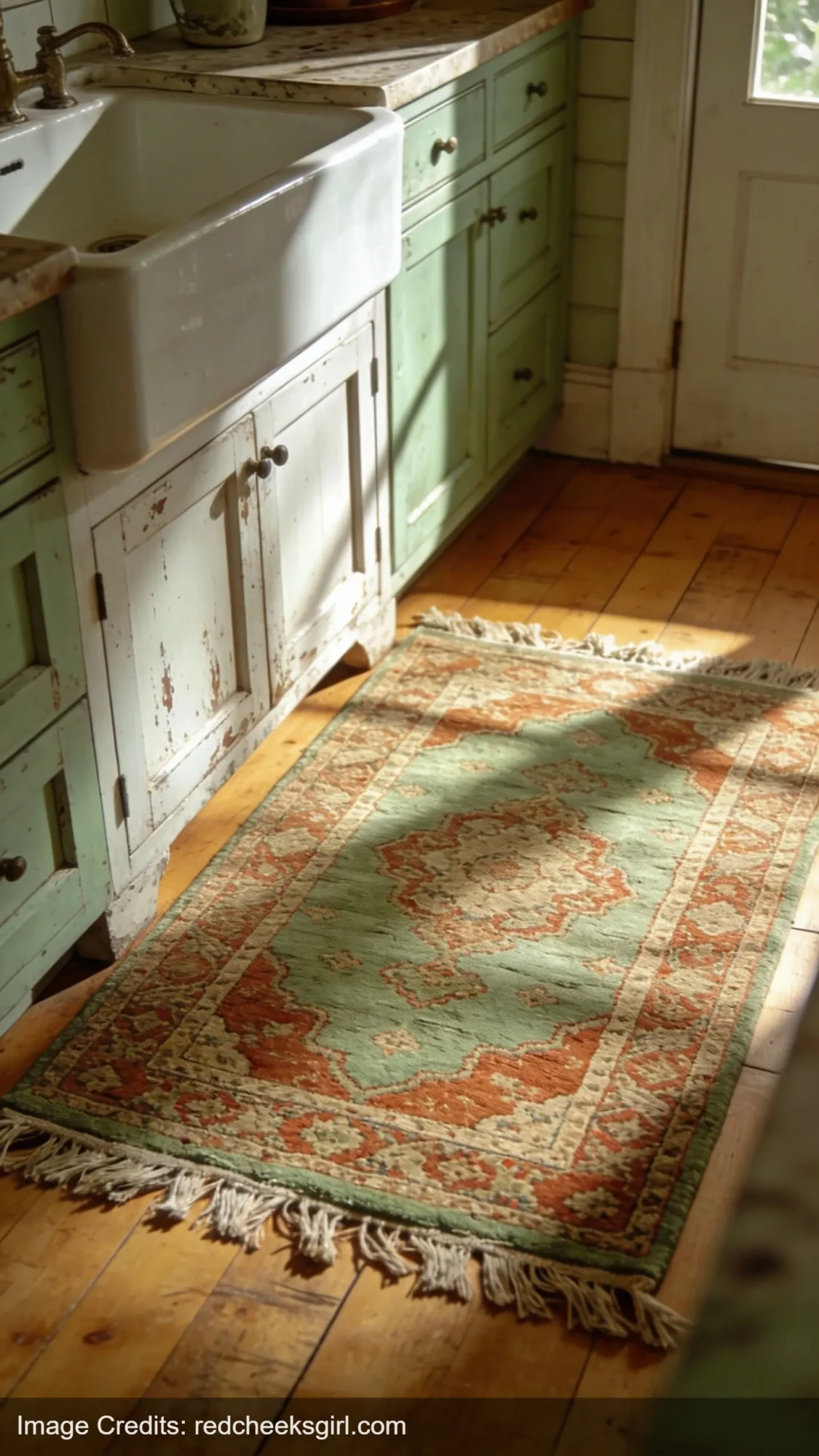 vintage-style kitchen rug in sage and terracotta on hardwood floors