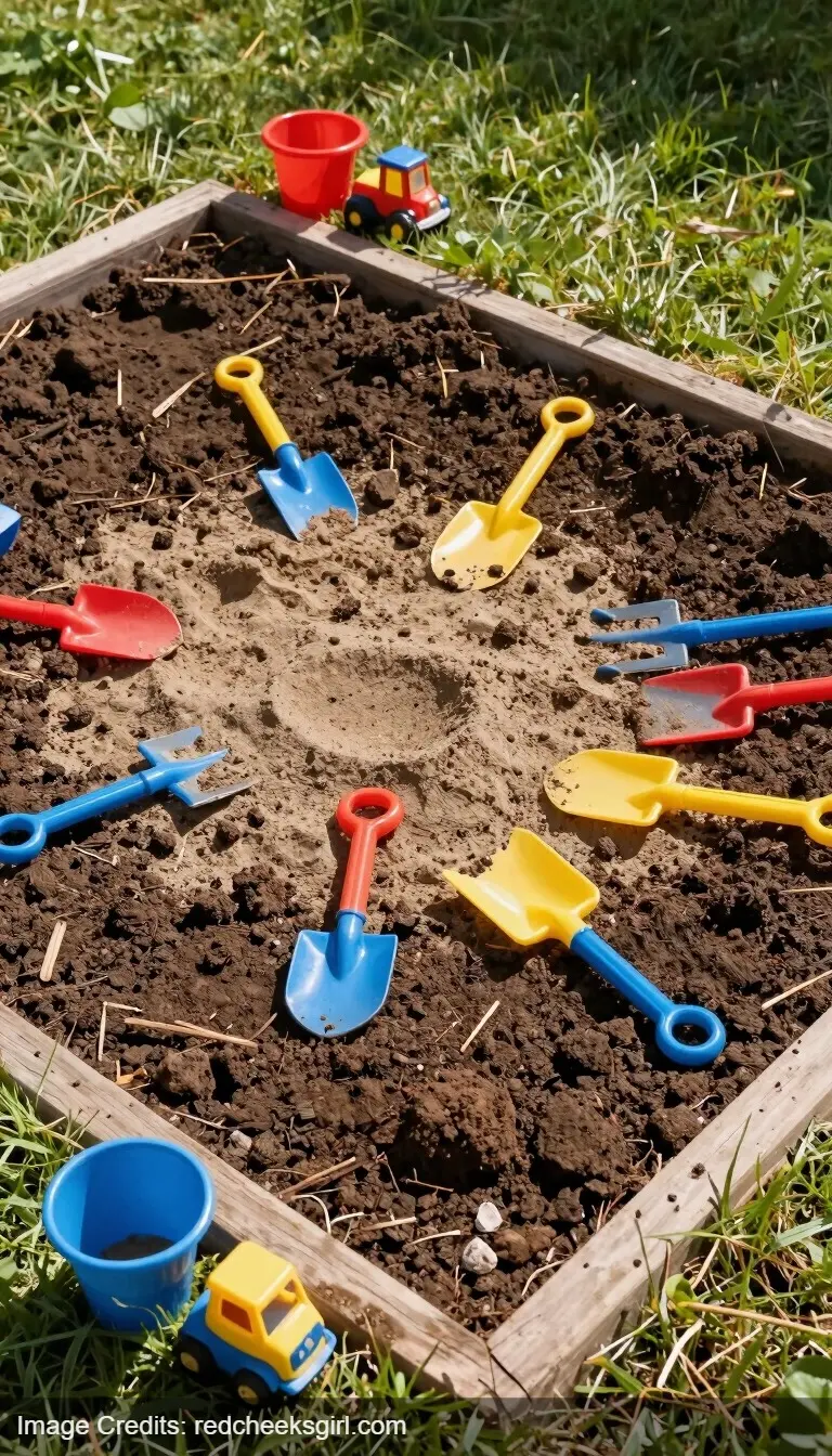 backyard digging patch with sand and soil for kids outdoor sensory play