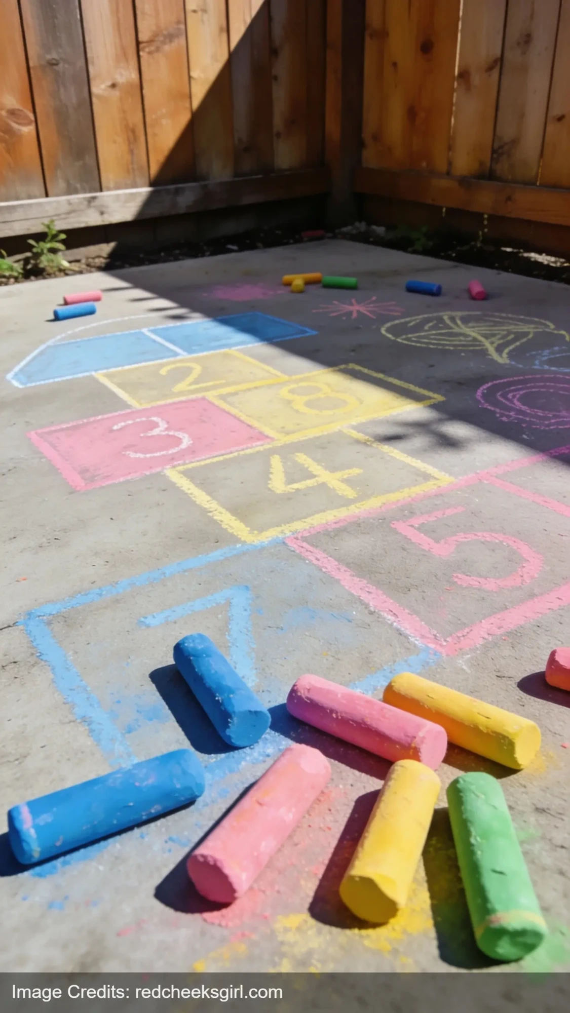 colorful sidewalk chalk scattered on concrete patio with chalk drawings for kids outdoor play area