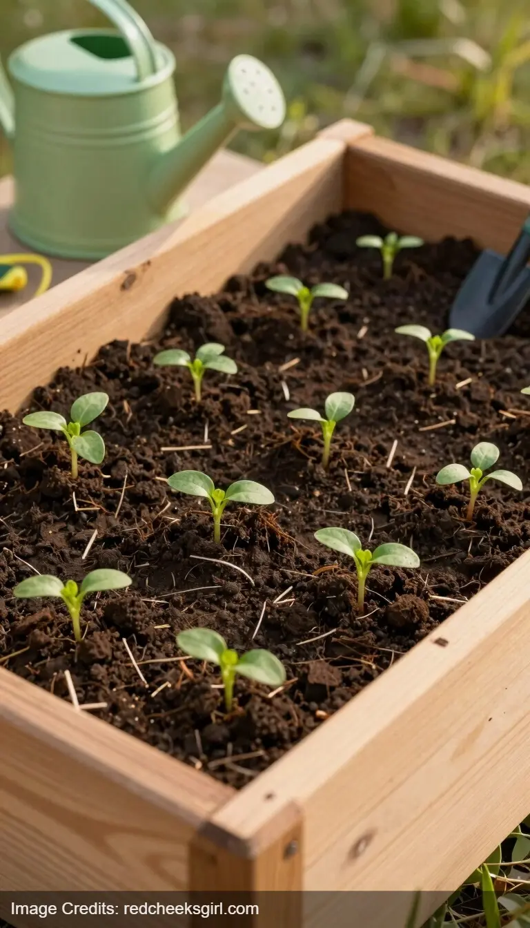 small raised garden bed for kids with seedlings and child-sized gardening tools