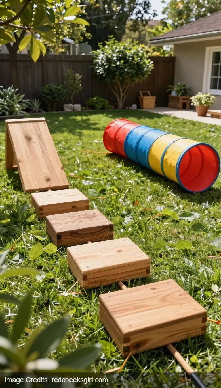 backyard obstacle course with balance beam stepping stones and tunnel for kids