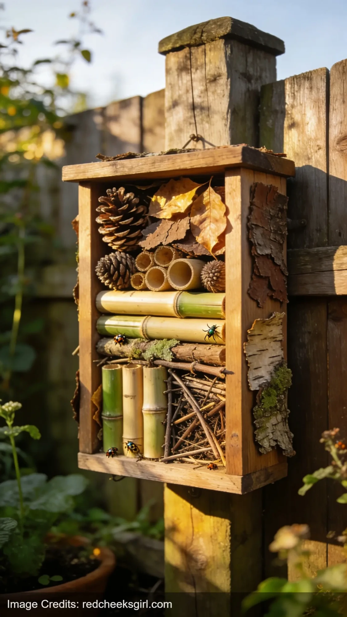 DIY wooden bug hotel filled with natural materials like bamboo and pinecones for kids wildlife observation