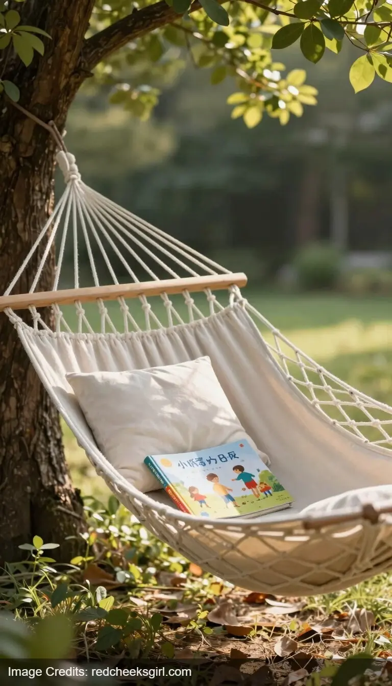 kids hammock hanging between trees in backyard reading nook