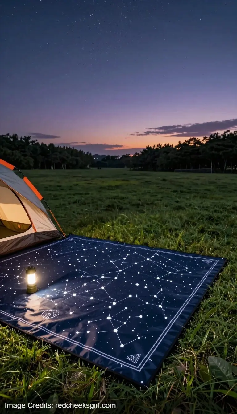 backyard camping and stargazing area with outdoor rug and tent