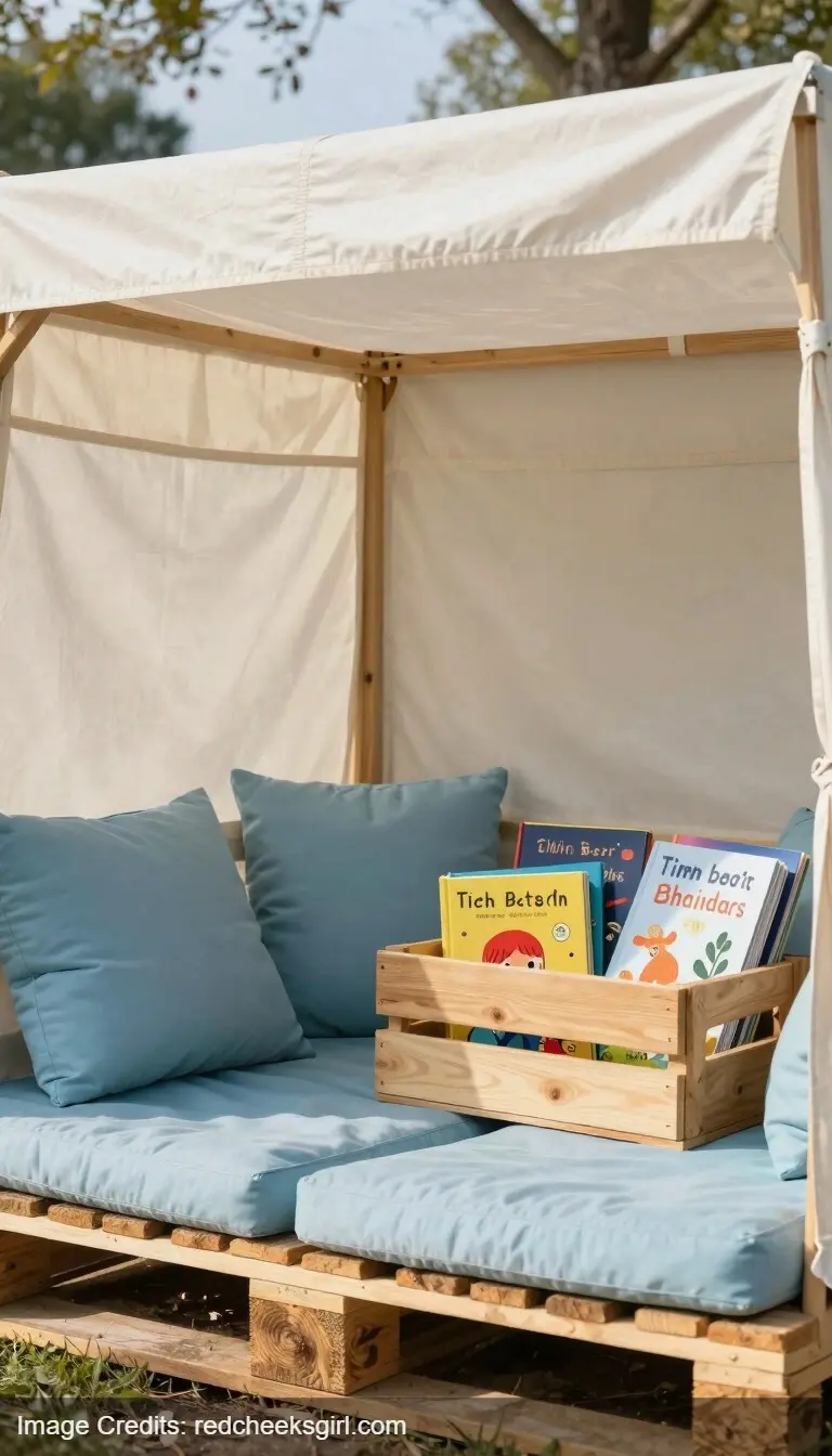 outdoor reading nook with cushions canopy and books for children