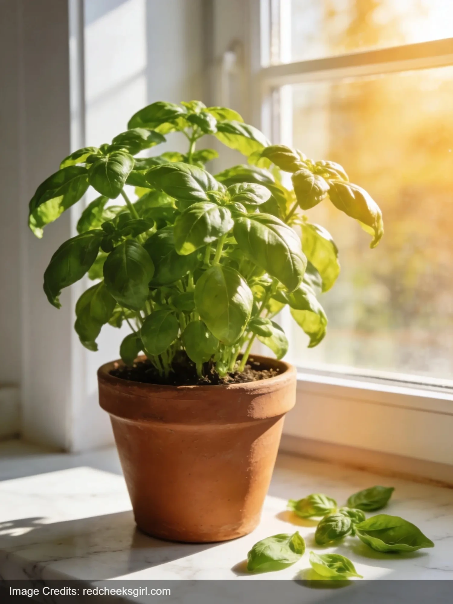Healthy basil plant growing in terracotta pot on sunny windowsill