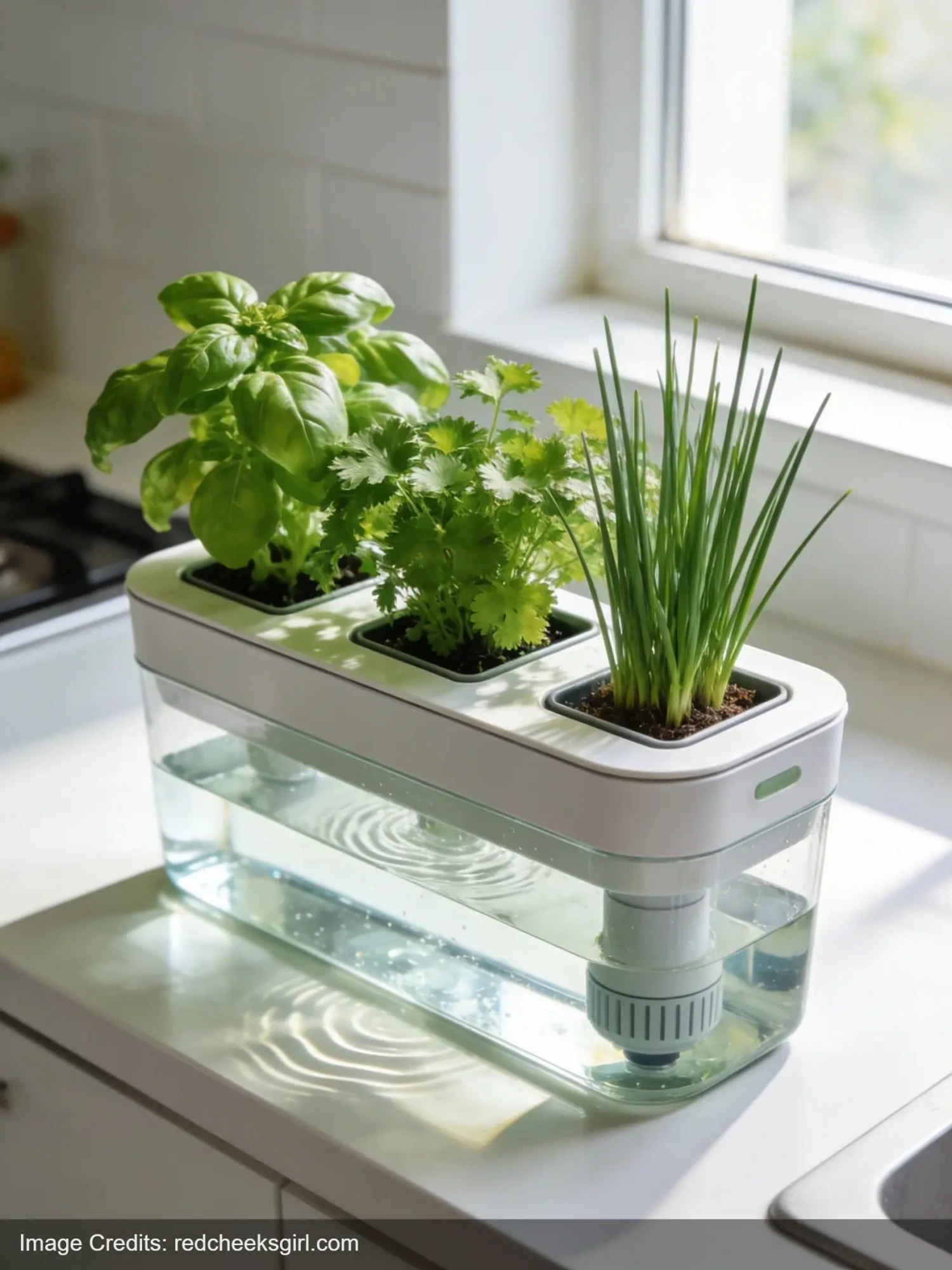 Self-watering herb garden planter with basil parsley and chives growing indoors