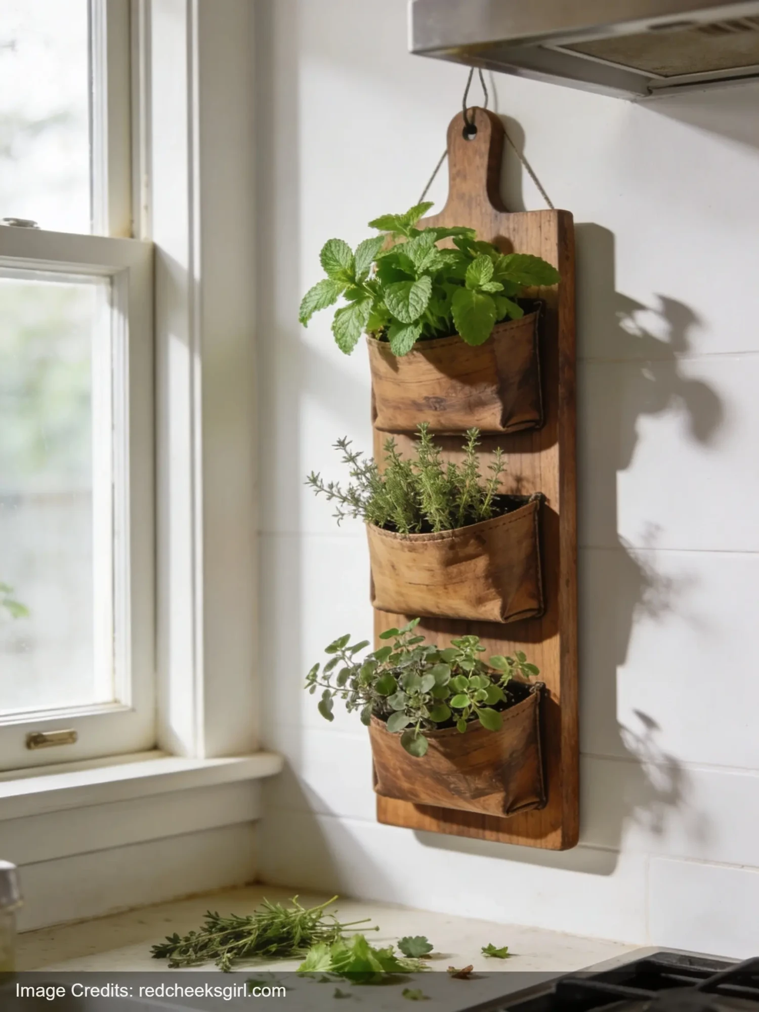 Wall mounted herb planter with fresh herbs growing near kitchen window