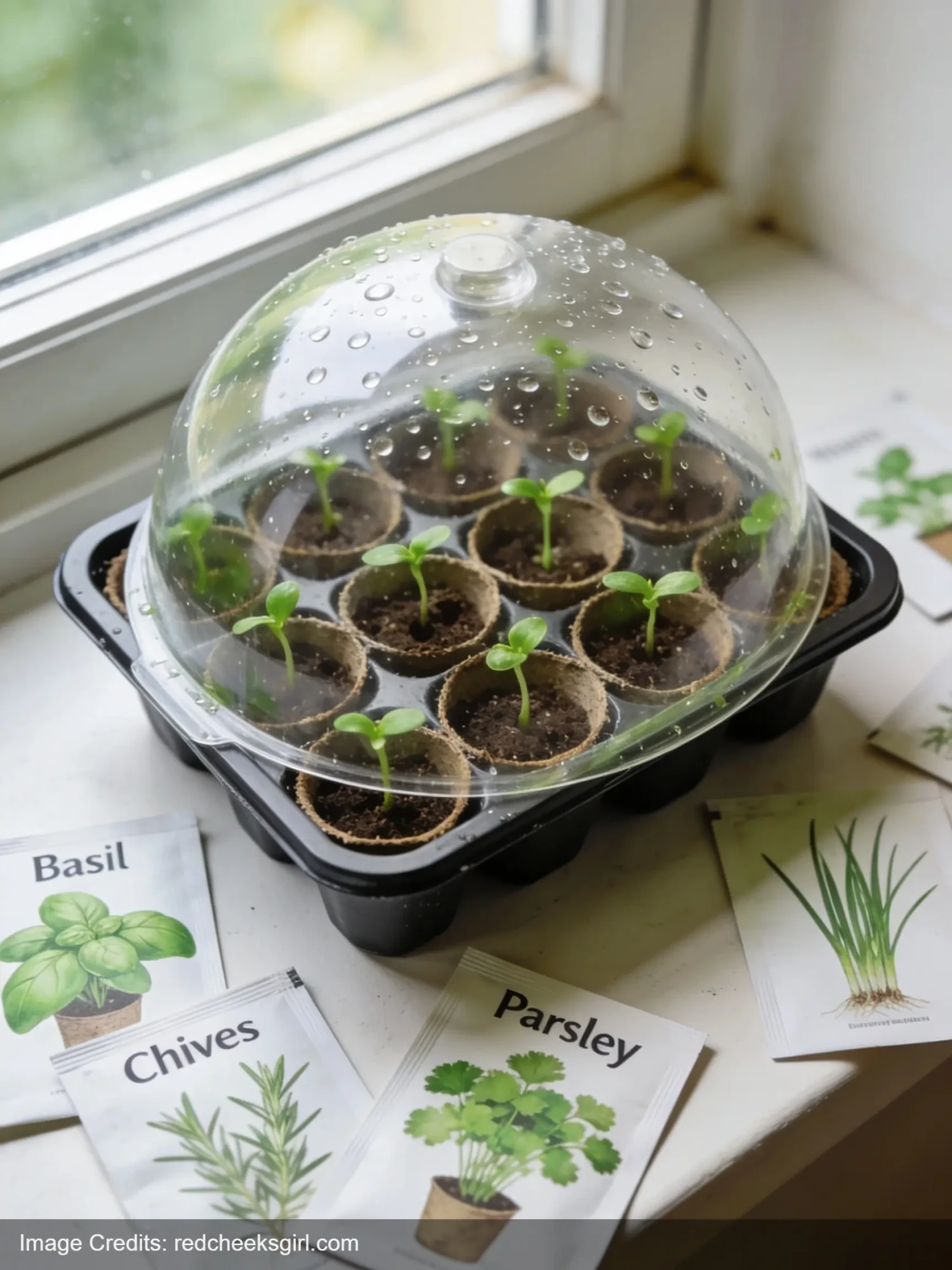 Herb seed starter kit with sprouting seedlings under clear dome on windowsill
