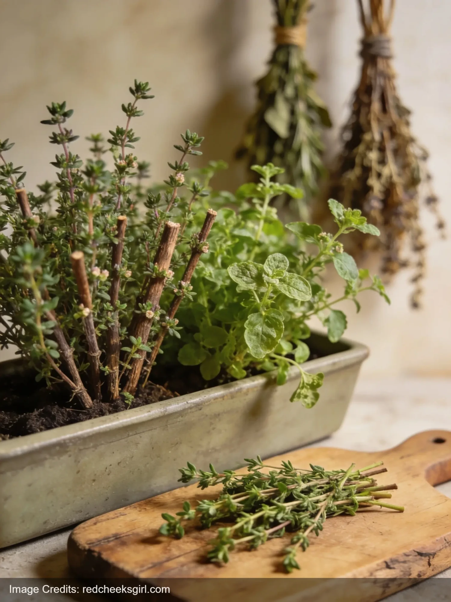 Fresh thyme and oregano herbs growing together with cut sprigs and dried bundles
