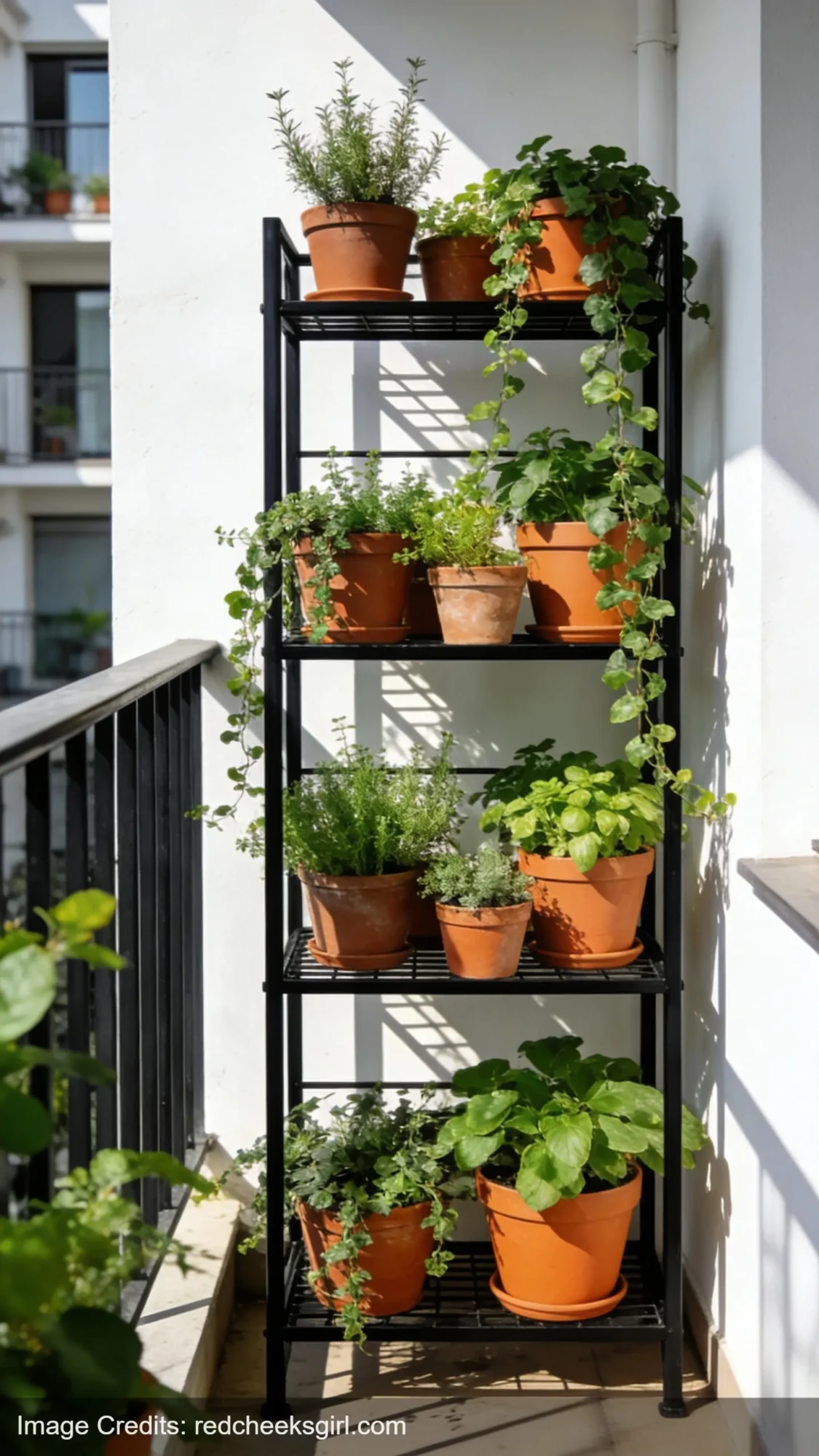Black metal freestanding shelving unit with terracotta plant pots on apartment balcony