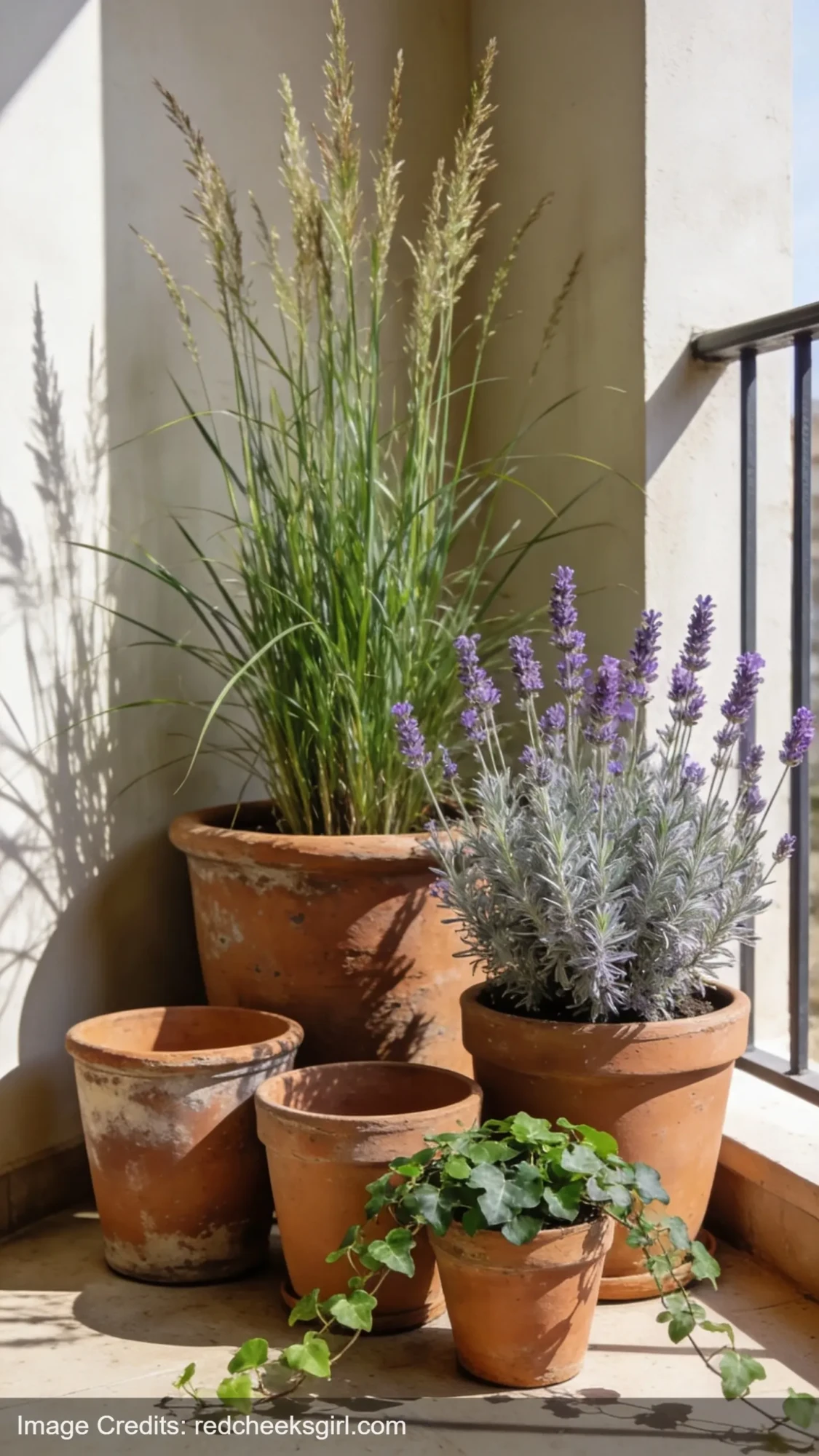 Cluster of terracotta pots with plants in varying heights on apartment balcony