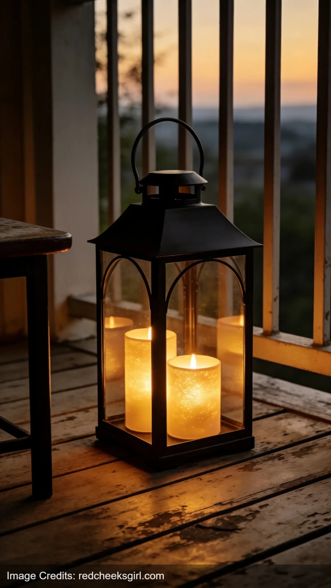 Black metal outdoor lantern with LED candles creating ambient balcony lighting