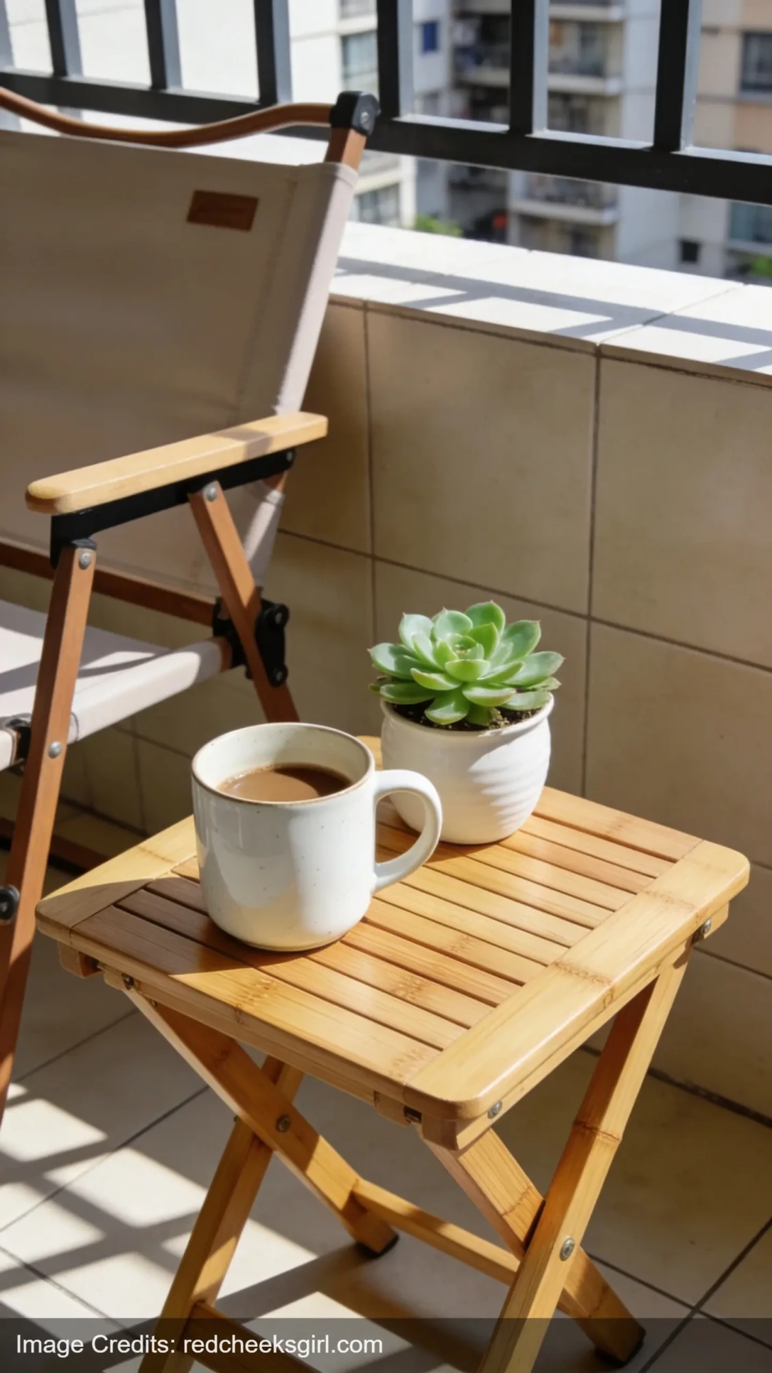 Bamboo folding side table with coffee mug and plant on apartment balcony